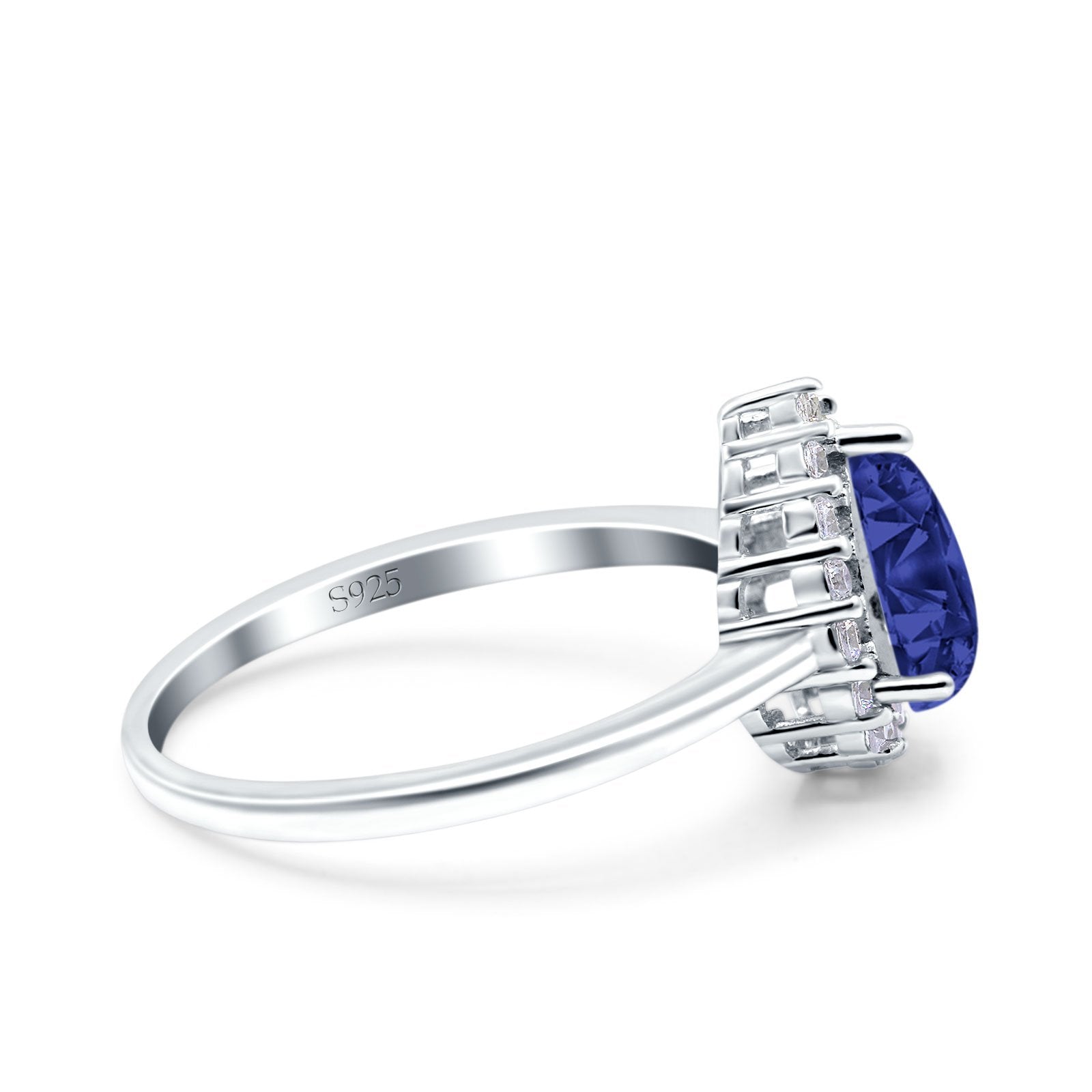 Teardrop Halo Art Deco Pear Wedding Ring Simulated Blue Sapphire CZ 925 Sterling Silver