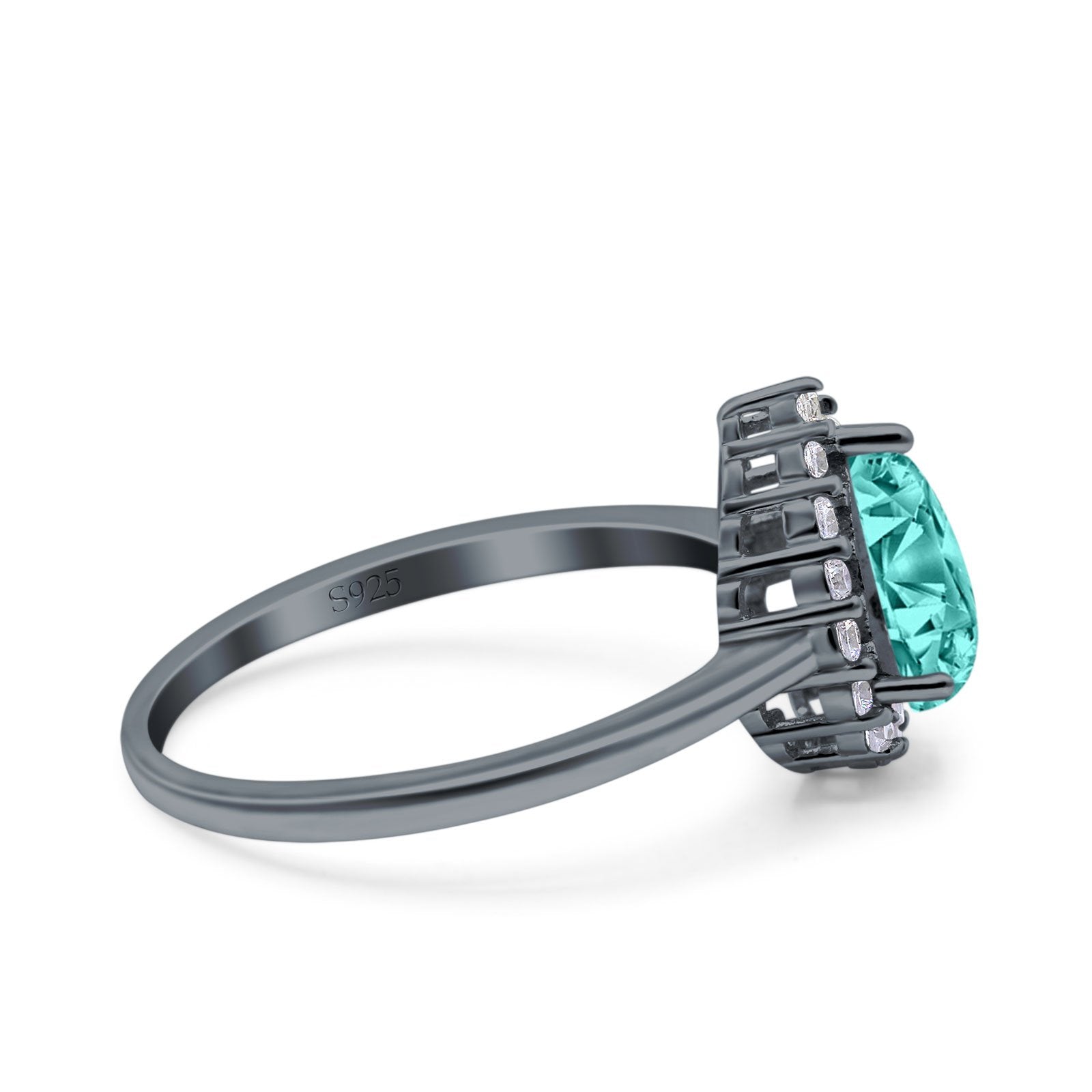 Teardrop Halo Art Deco Pear Wedding Ring Black Tone, Simulated Paraiba Tourmaline CZ 925 Sterling Silver