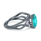 Two Piece Art Deco Emerald Cut Wedding Ring Black Tone, Simulated Paraiba Tourmaline CZ 925 Sterling Silver