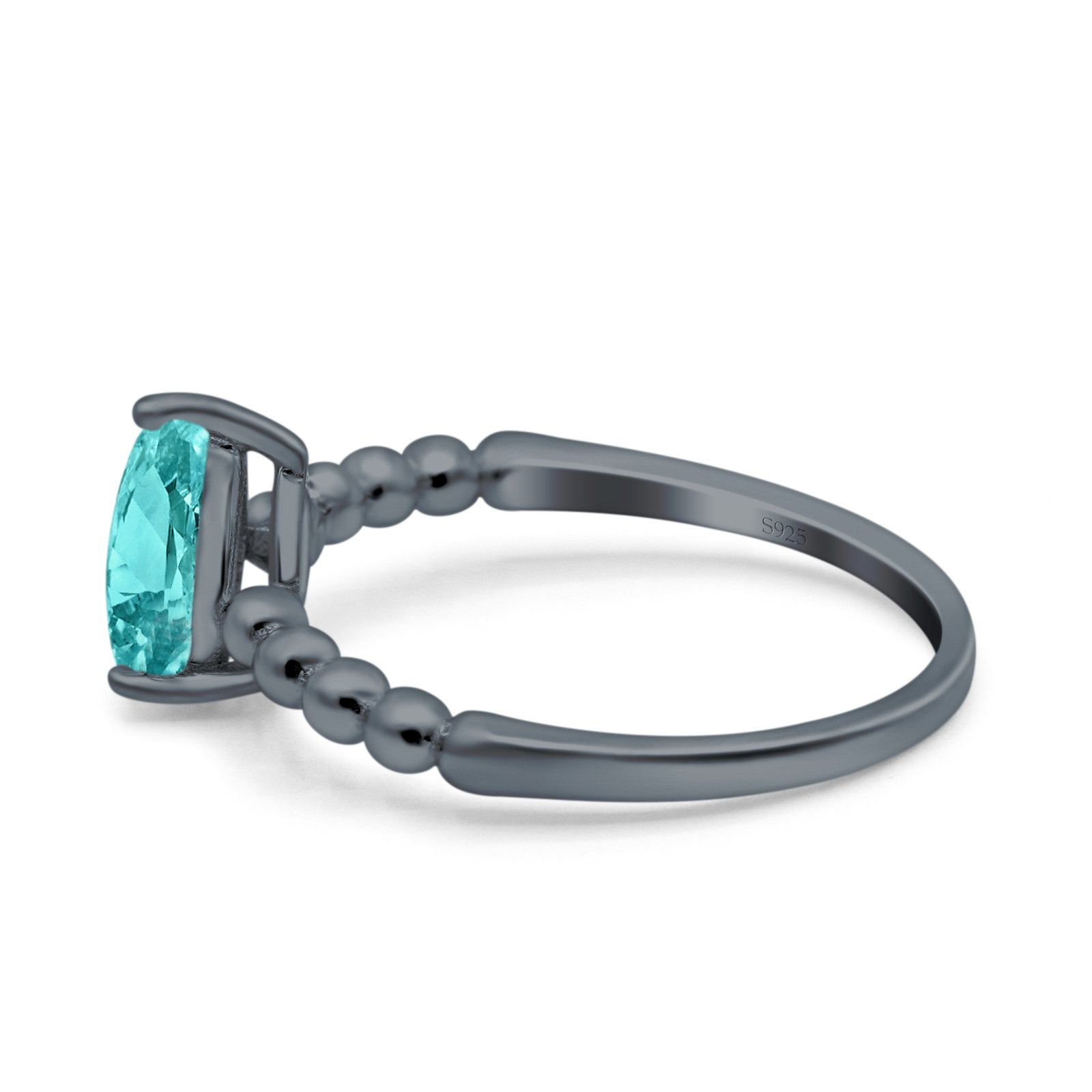 Teardrop Art Deco Pear Wedding Ring Black Tone, Simulated Paraiba Tourmaline CZ 925 Sterling Silver