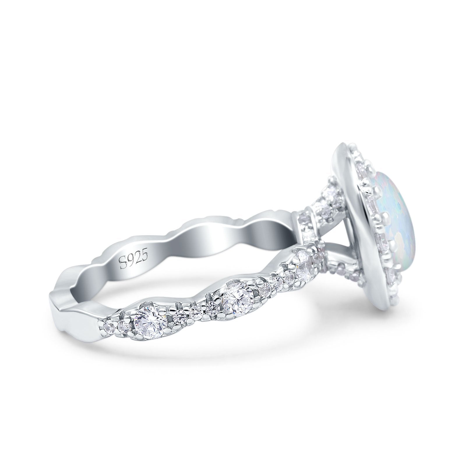 Oval Art Deco Halo Wedding Bridal Ring Lab Created White Opal 925 Sterling Silver