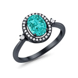 Art Deco Engagement Ring Halo Oval Black Tone, Simulated Paraiba Tourmaline CZ 925 Sterling Silver