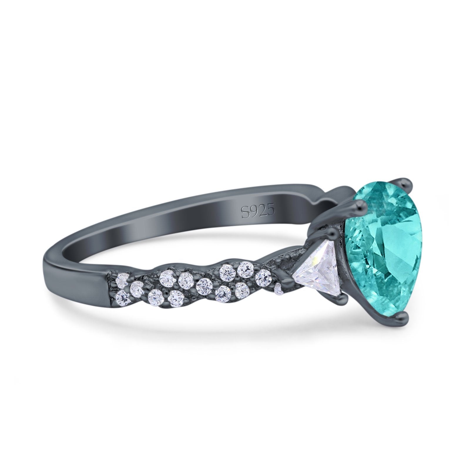 Art Deco Pear Shape Wedding Bridal Ring Black Tone, Simulated Paraiba Tourmaline CZ 925 Sterling Silver