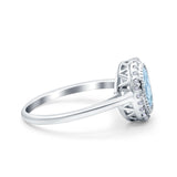 Halo Art Deco Oval Wedding Bridal Ring Simulated Aquamarine CZ 925 Sterling Silver