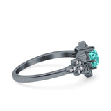 Halo Cluster Floral Wedding Ring Round Black Tone, Simulated Paraiba Tourmaline CZ 925 Sterling Silver