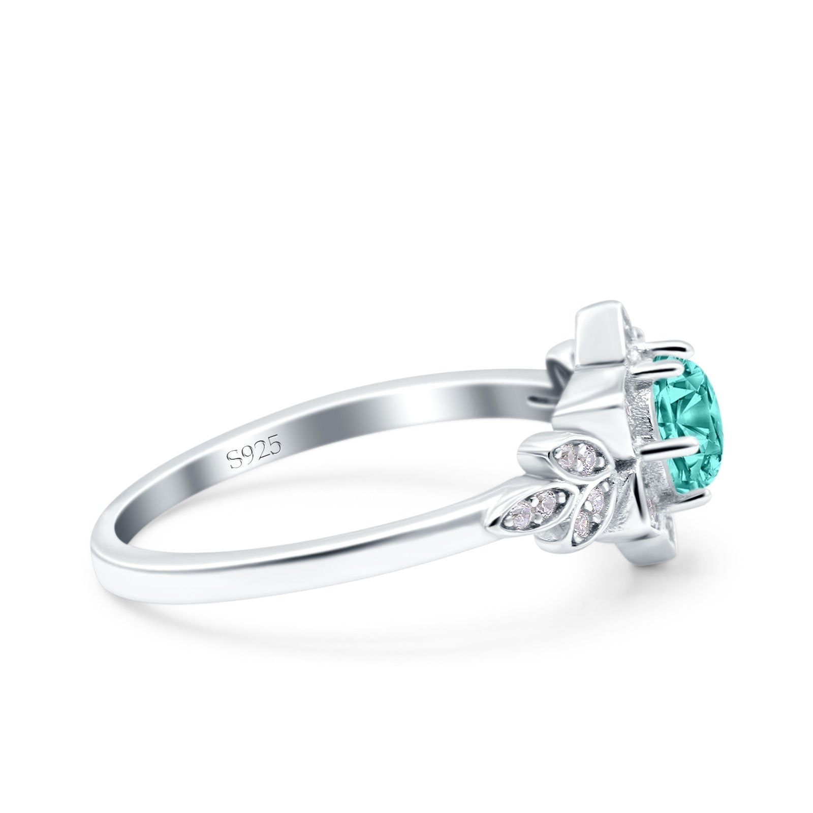 Halo Cluster Floral Wedding Ring Round Simulated Paraiba Tourmaline CZ 925 Sterling Silver
