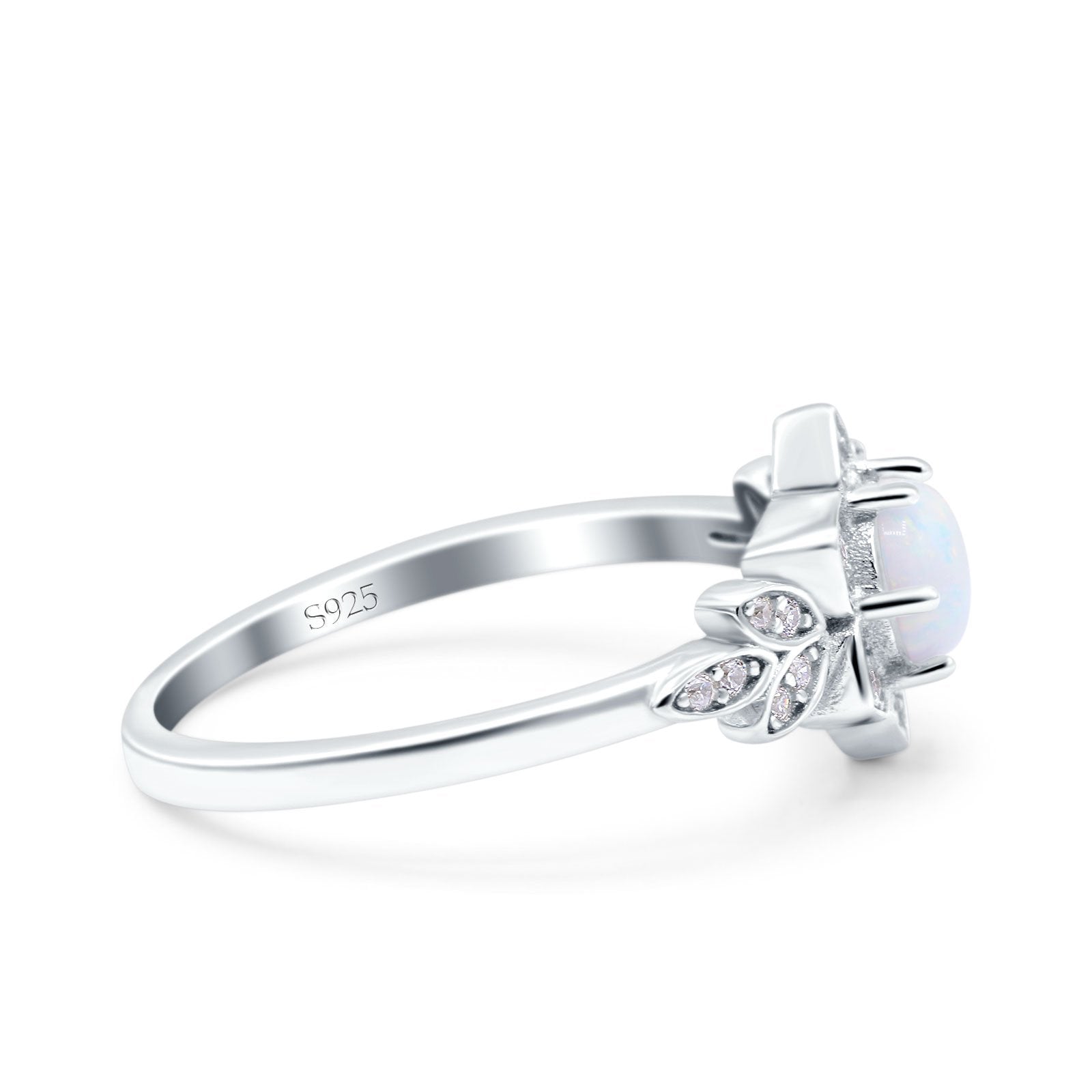Halo Cluster Floral Wedding Ring Round Lab Created White Opal 925 Sterling Silver