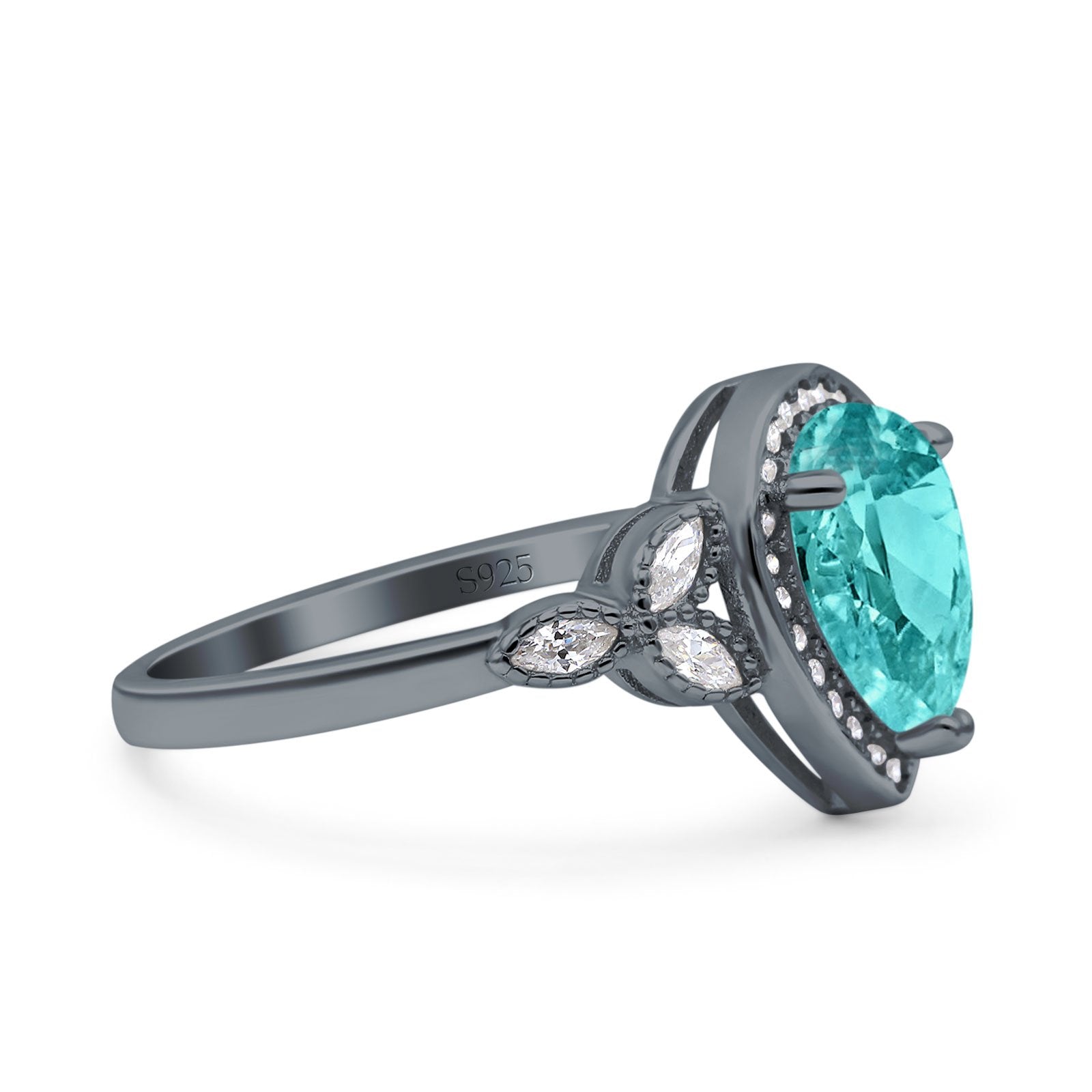 Halo Art Deco Wedding Pear Ring Black Tone, Simulated Paraiba Tourmaline CZ 925 Sterling Silver