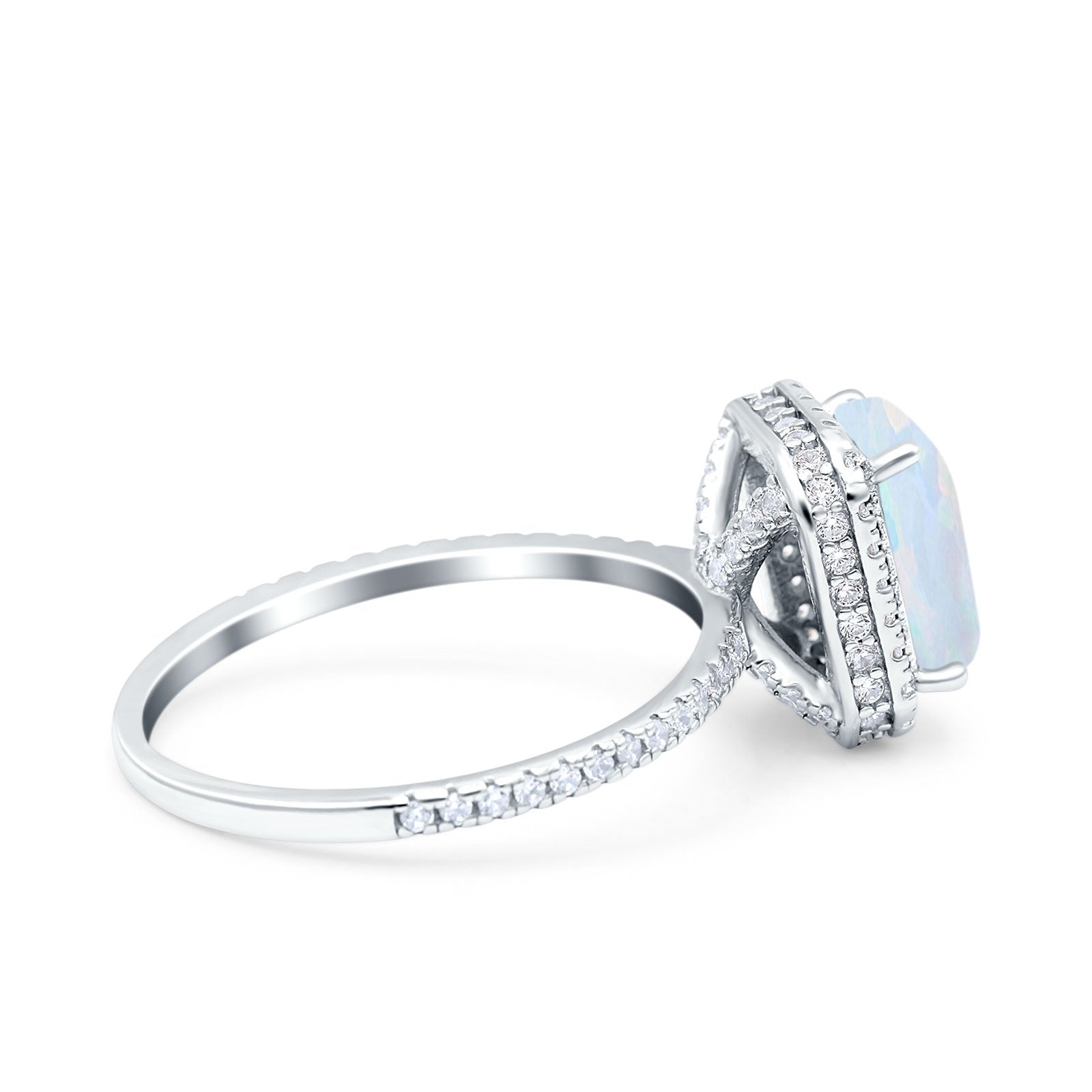 Emerald Cut Art Deco Wedding Ring Lab Created White Opal 925 Sterling Silver
