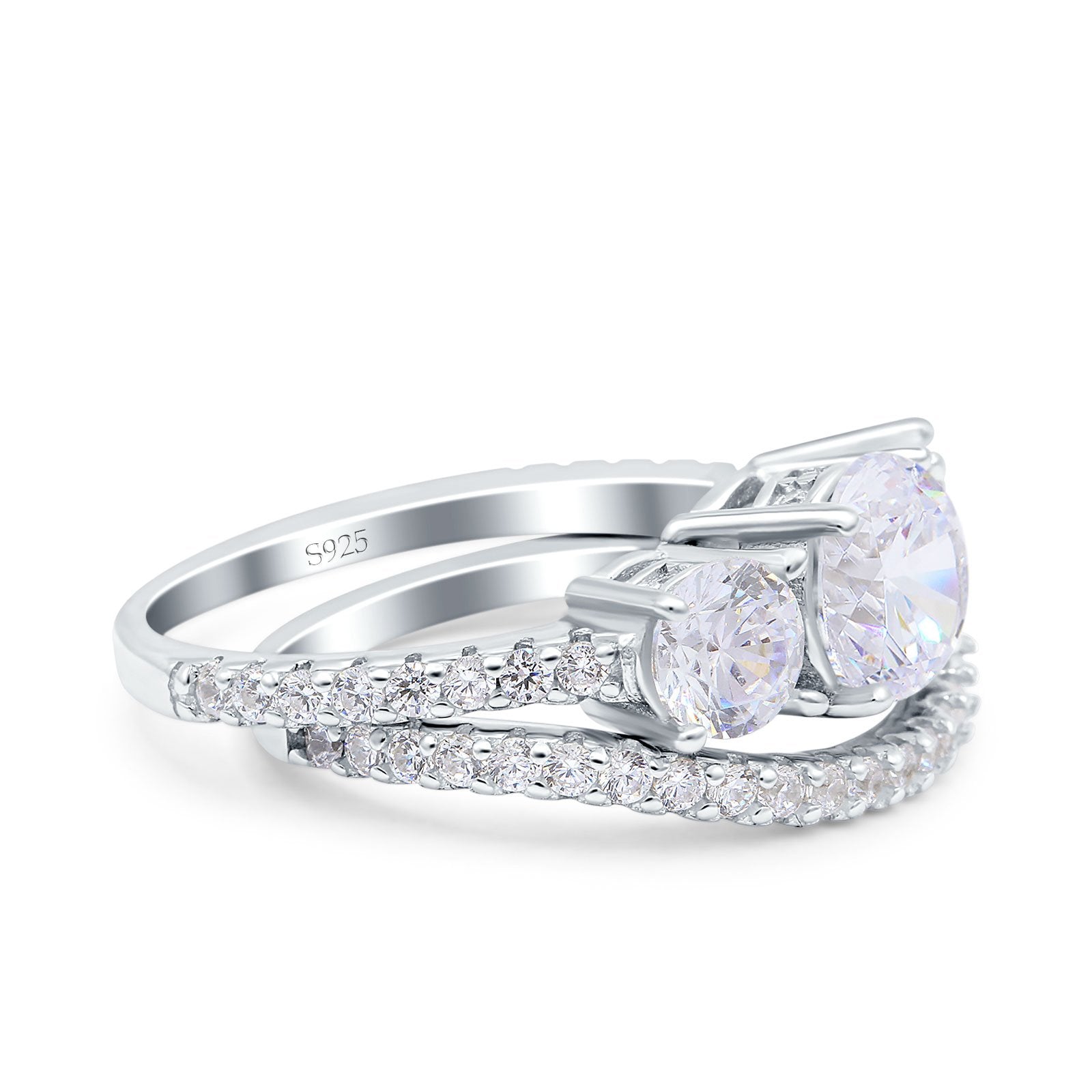 Three Stone Art Deco Wedding Piece Ring Round Simulated Cubic Zirconia 925 Sterling Silver