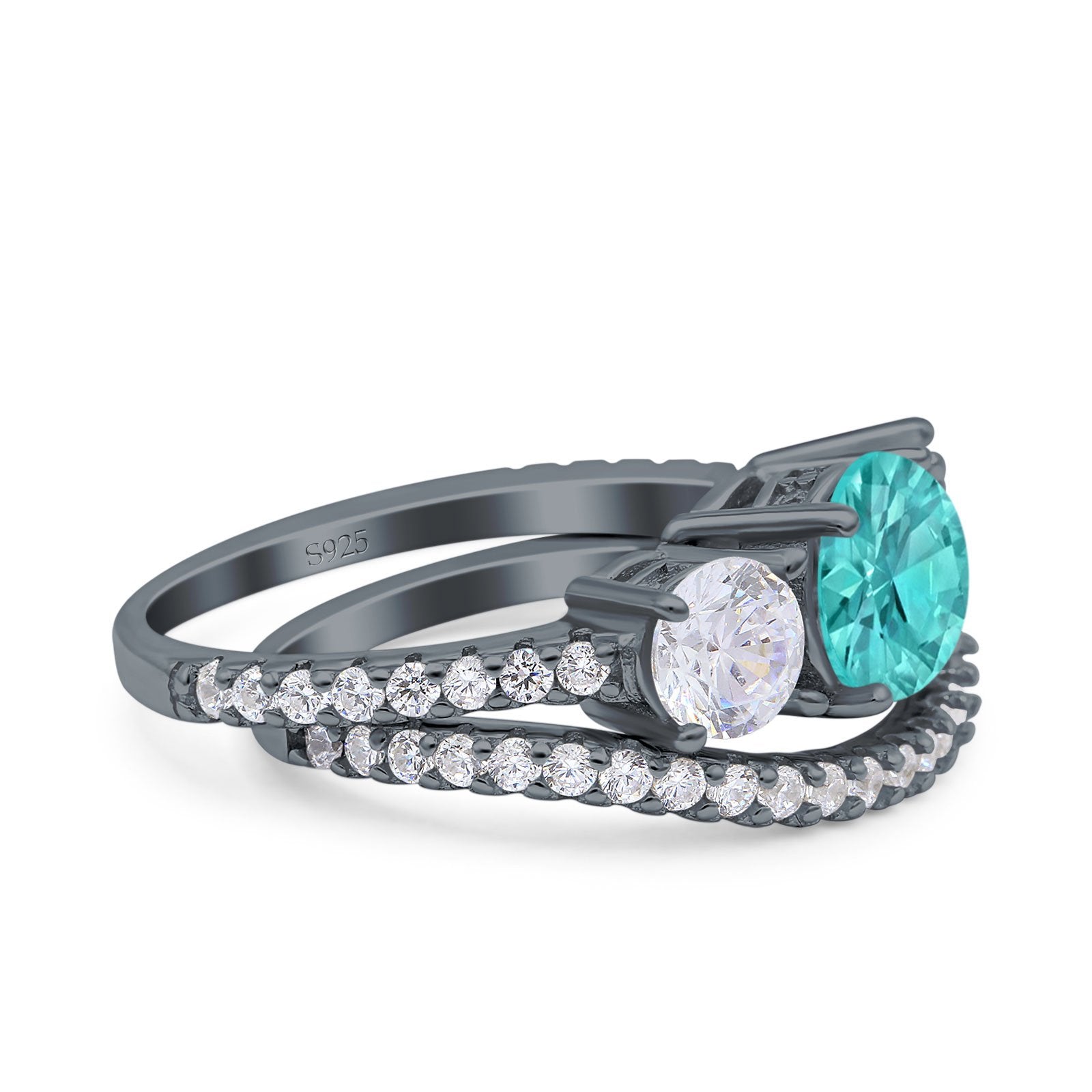 Three Stone Art Deco Wedding Piece Ring Round Black Tone, Simulated Paraiba Tourmaline CZ 925 Sterling Silver