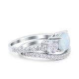 Three Stone Art Deco Wedding Piece Ring Round Lab Created White Opal 925 Sterling Silver