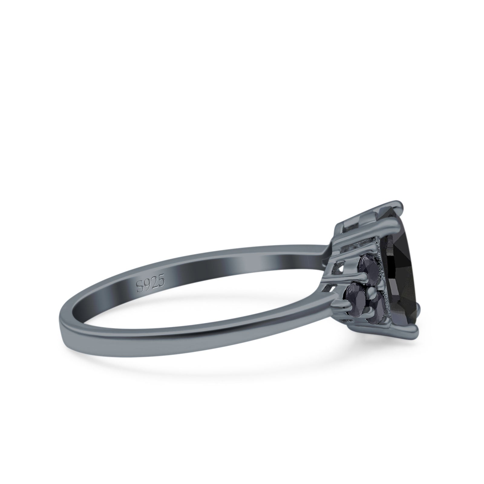 Art Deco Oval Wedding Bridal Ring Black Tone, Simulated Black CZ 925 Sterling Silver