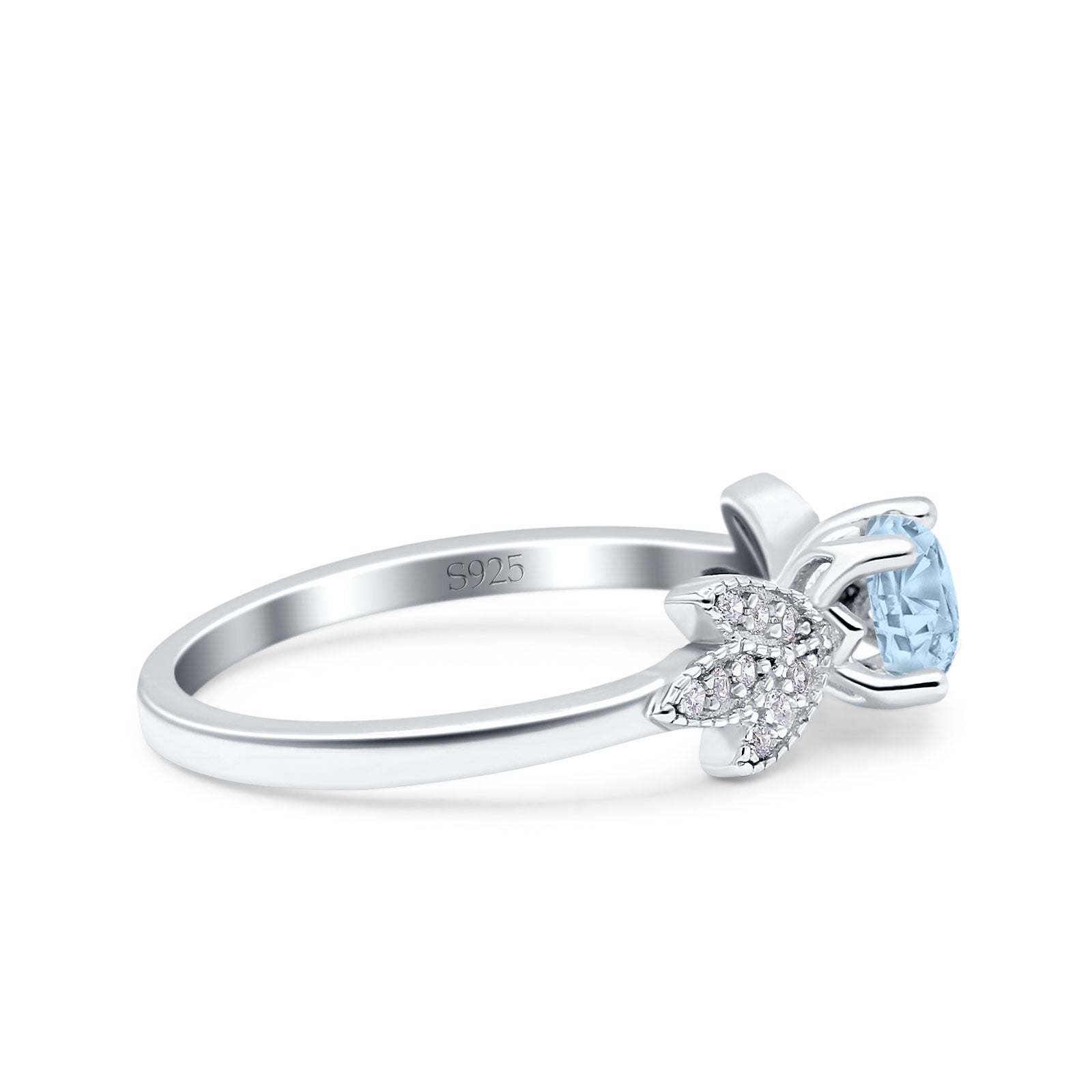 Art Deco Wedding Bridal Ring Leaf Dainty Round Simulated Aquamarine CZ 925 Sterling Silver