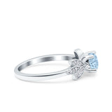 Art Deco Wedding Bridal Ring Leaf Dainty Round Simulated Aquamarine CZ 925 Sterling Silver