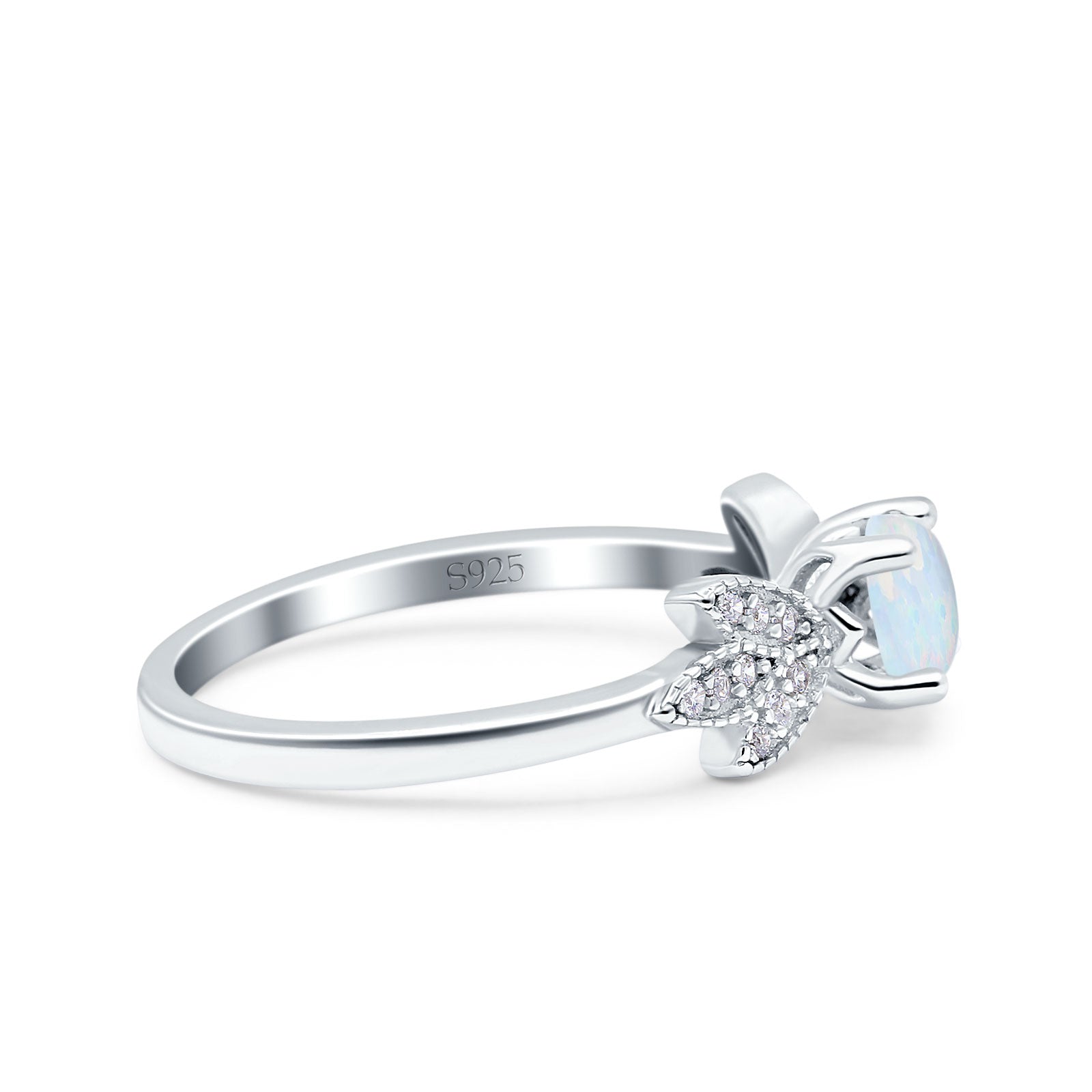 Art Deco Wedding Bridal Ring Leaf Dainty Round Lab Created White Opal 925 Sterling Silver