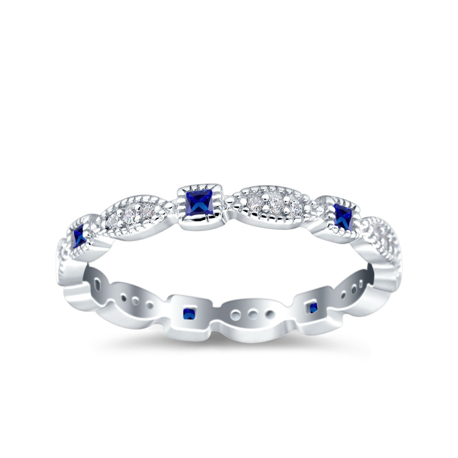 Full Eternity Stackable Ring Wedding Band Round Simulated Blue Sapphire CZ 925 Sterling Silver (3mm)