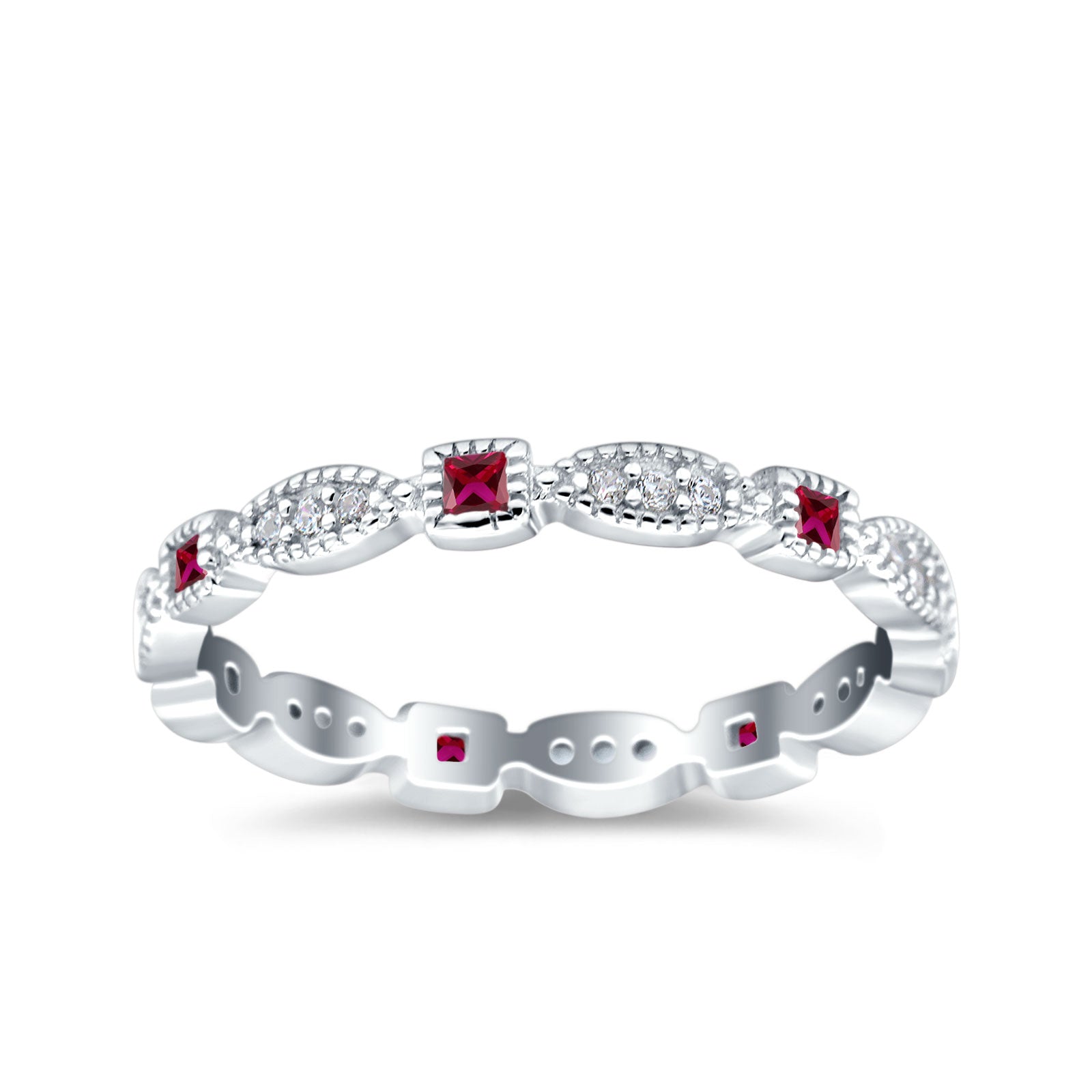 Full Eternity Stackable Ring Wedding Band Round Simulated Ruby CZ 925 Sterling Silver (3mm)