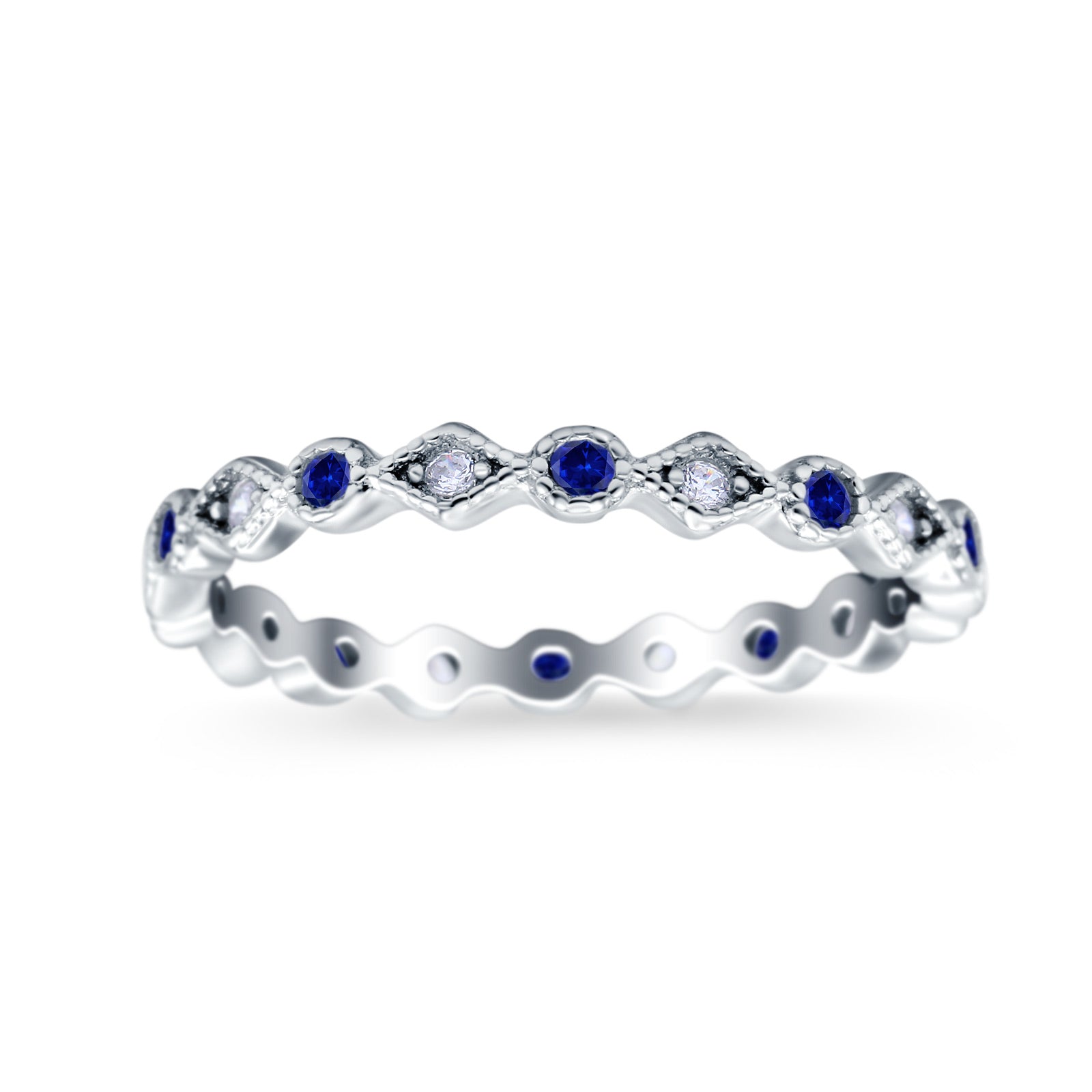 Full Eternity Stackable Ring Wedding Band Round Simulated Blue Sapphire CZ 925 Sterling Silver (3mm)