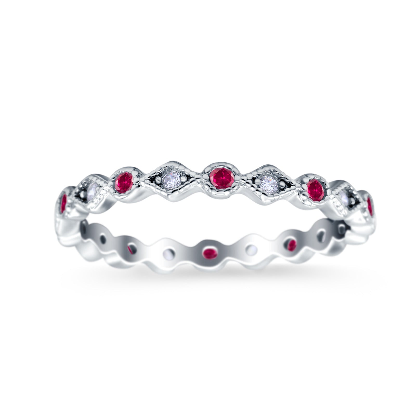 Full Eternity Stackable Ring Wedding Band Round Simulated Ruby CZ 925 Sterling Silver (3mm)