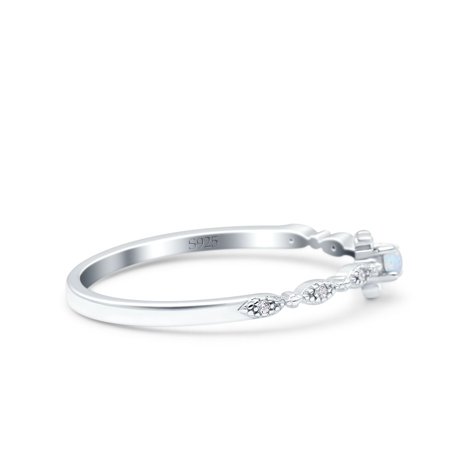 Petite Dainty Lab Created White Opal Ring Solid Round Oxidized 925 Sterling Silver