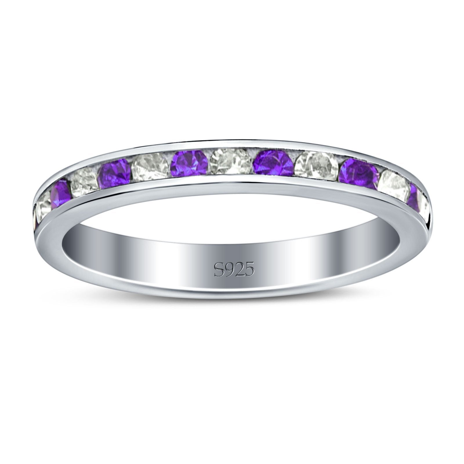 Full Eternity Stackable Band Wedding Ring Simulated Amethyst & CZ 925 Sterling Silver