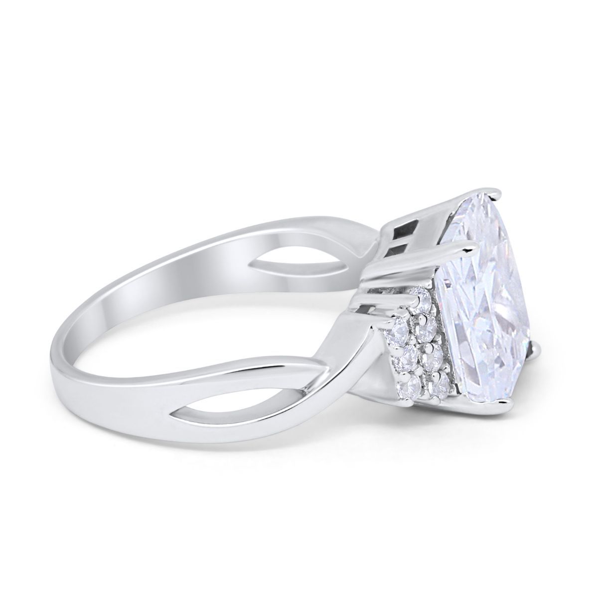 Engagement Ring Emerald Cut Round Simulated Cubic Zirconia 925 Sterling Silver
