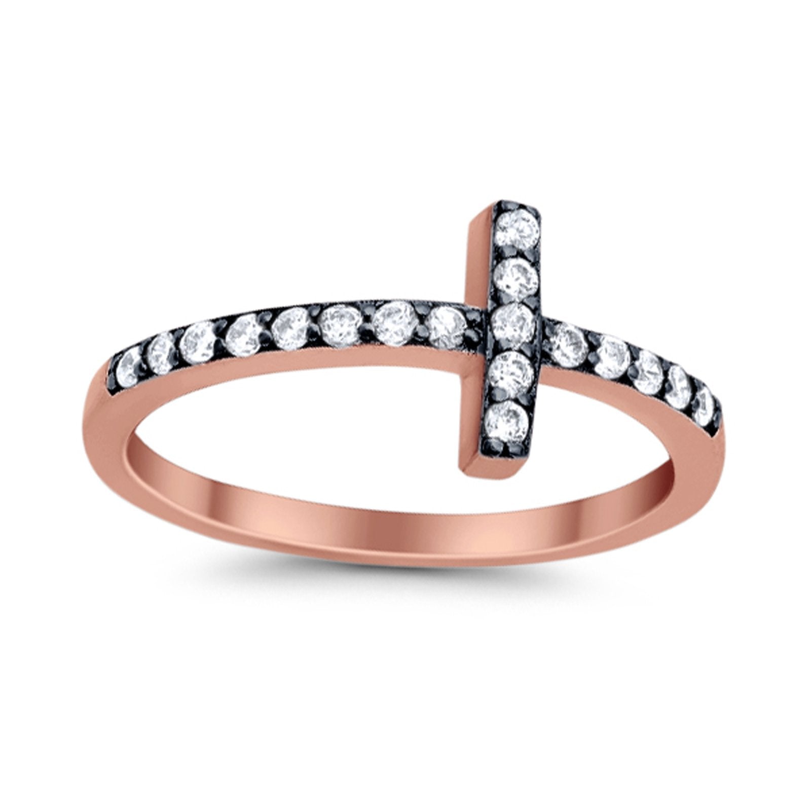 Wedding Eternity Sideways Cross Rings Rose Tone, Simulated CZ 925 Sterling Silver