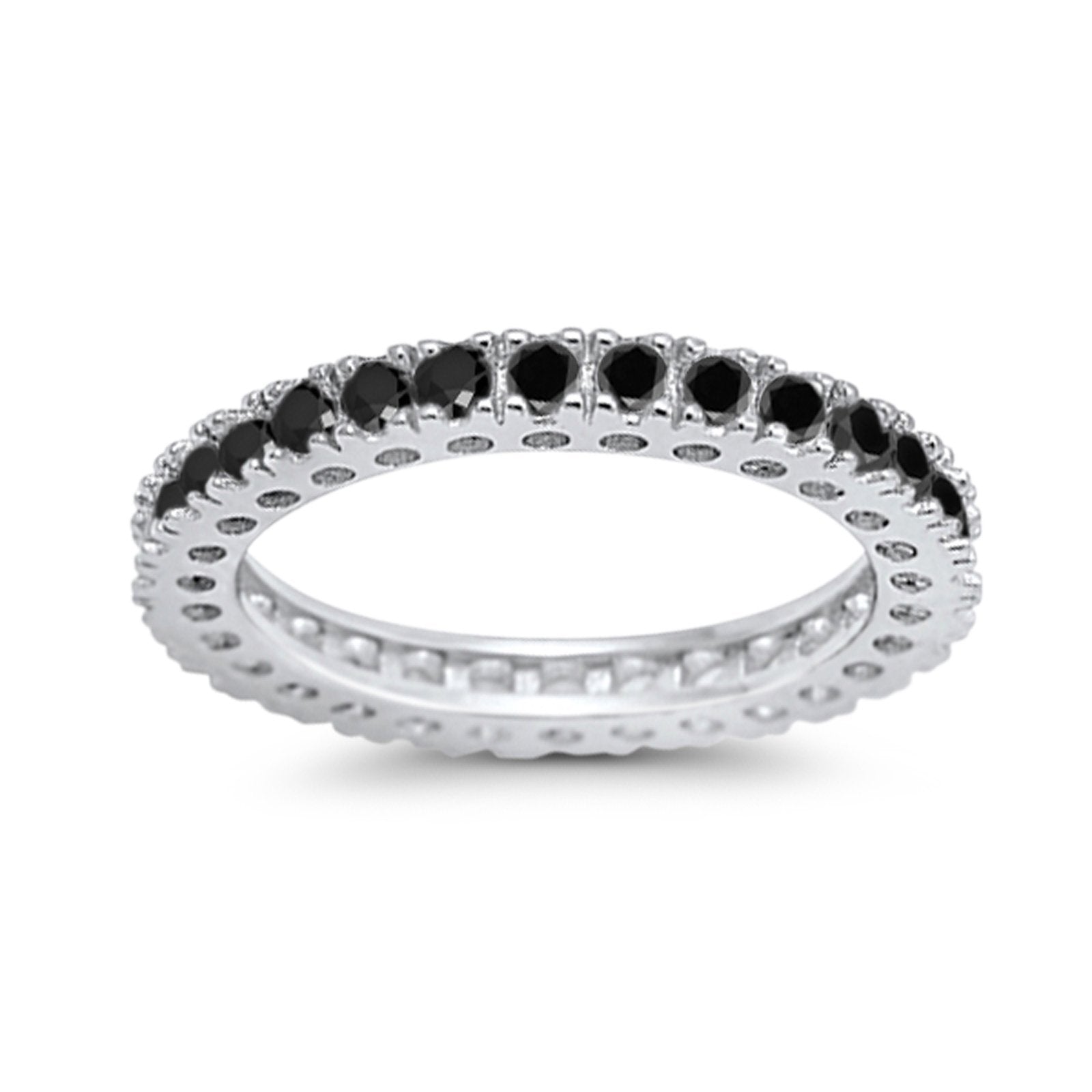Eternity Wedding Band Rings Round  Simulated Black CZ 925 Sterling Silver