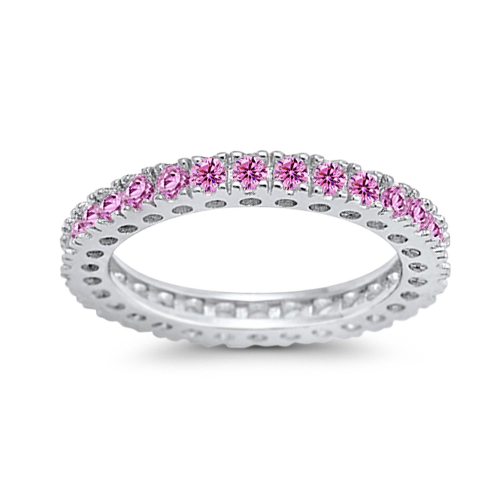 Eternity Wedding Band Rings Round Simulated Pink CZ 925 Sterling Silver