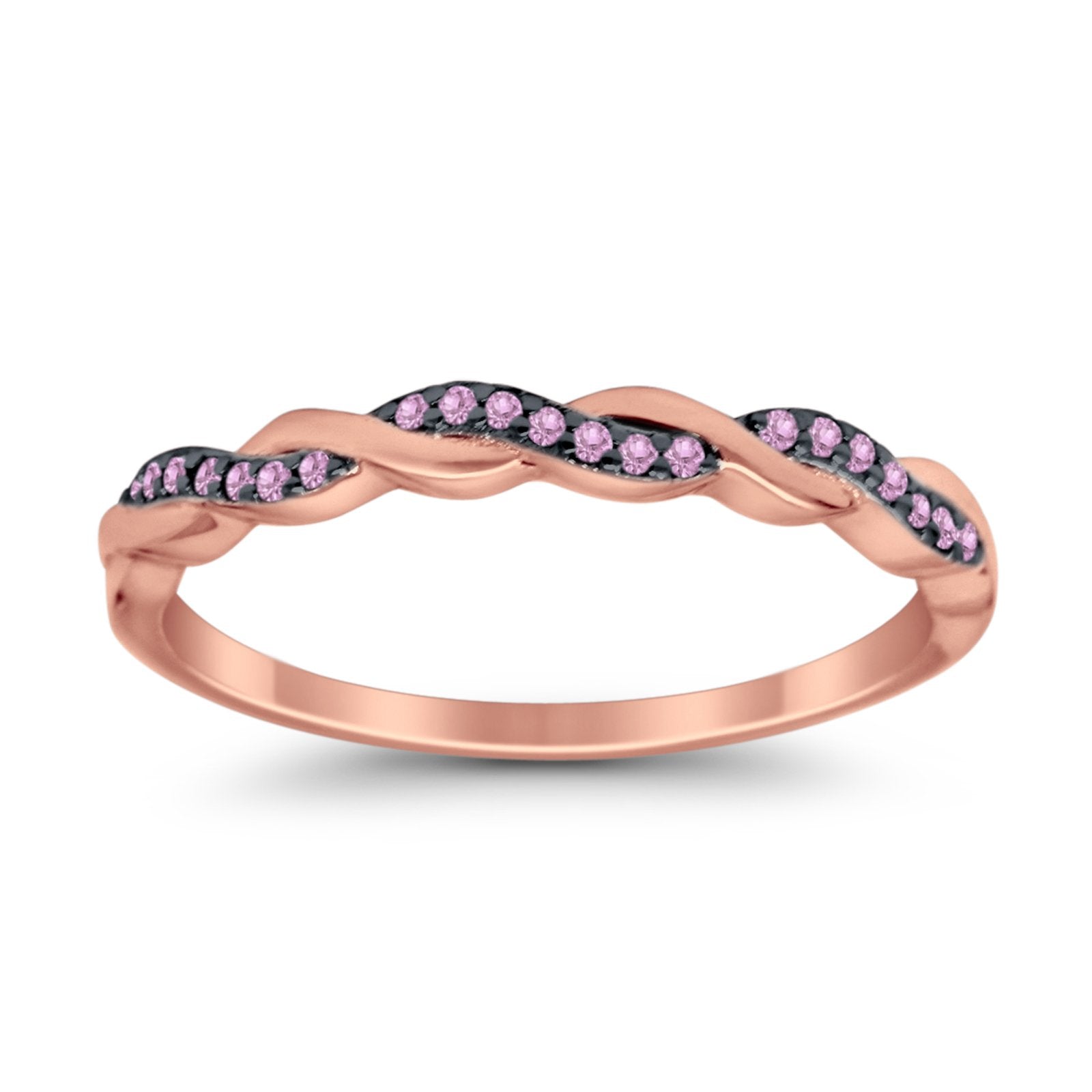 Half Eternity Infinity Twisted Band Rings Rose Tone, Simulated Pink CZ 925 Sterling Silver