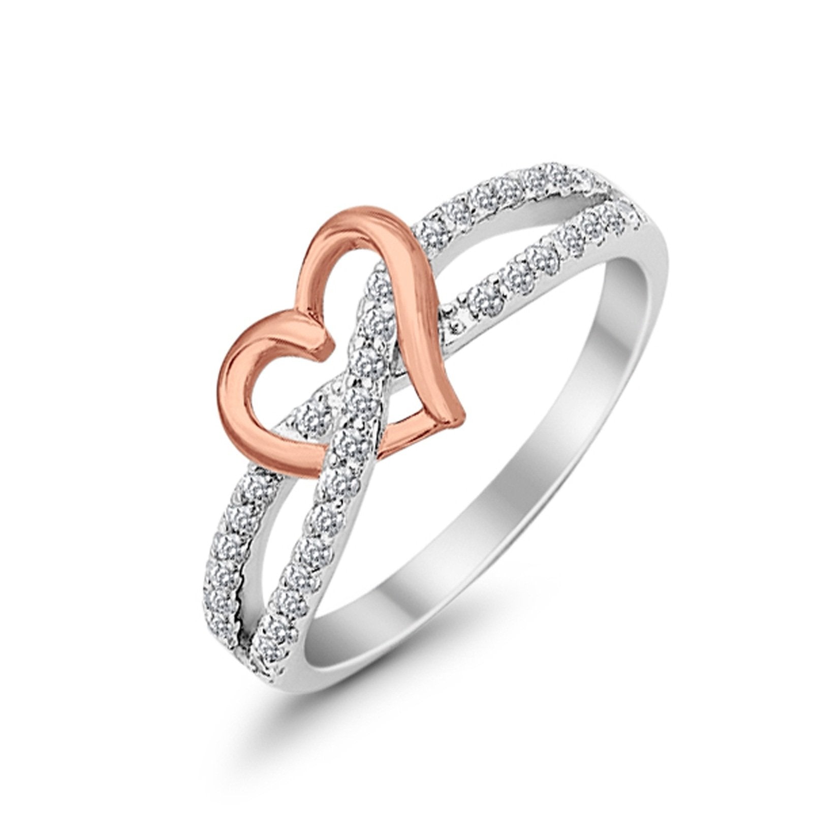 Heart Promise Engagement Eternity Ring Rose Tone Heart Simulated CZ 925 Sterling Silver