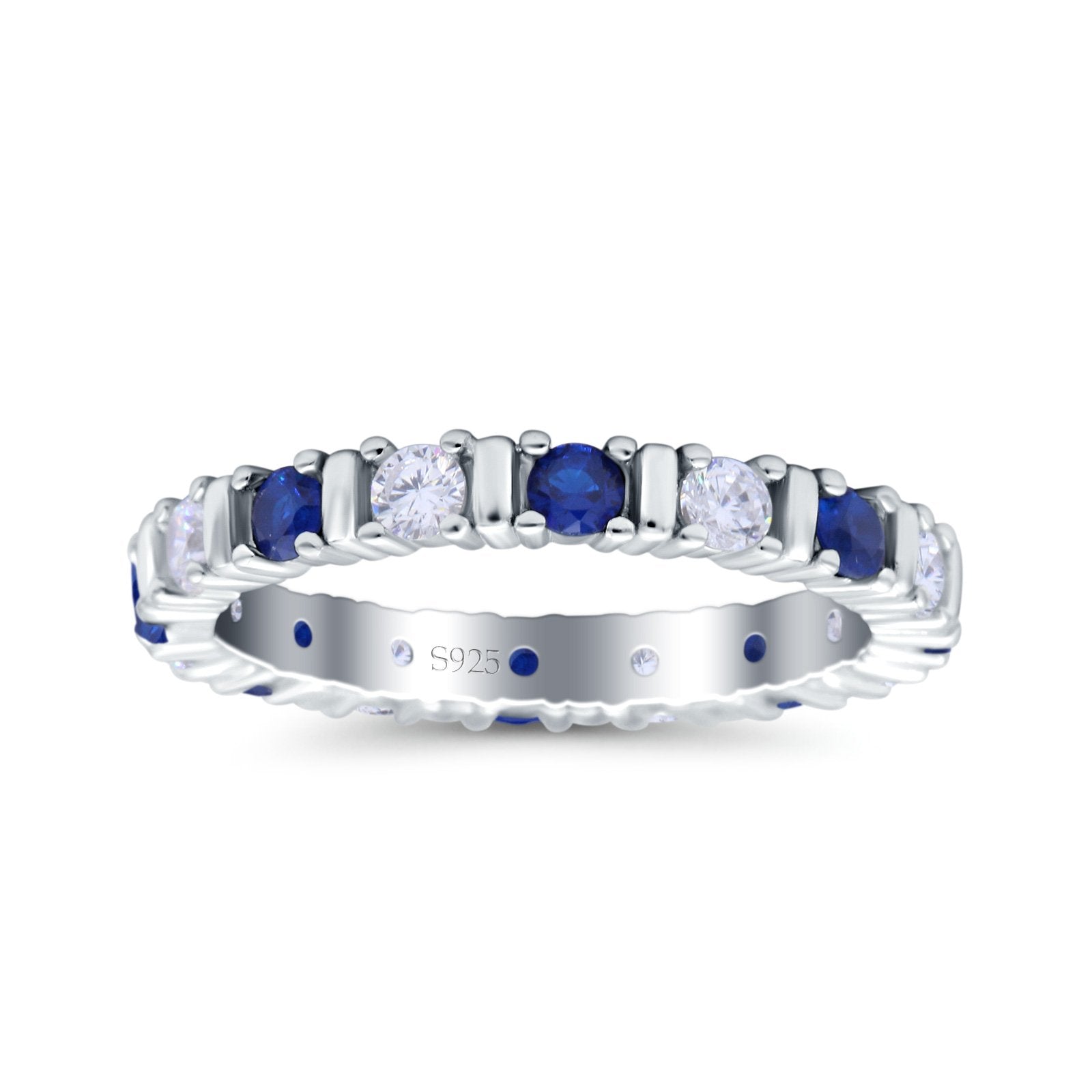 Full Eternity Stackable Ring Wedding Band Round Simulated Blue Sapphire CZ 925 Sterling Silver (3mm)