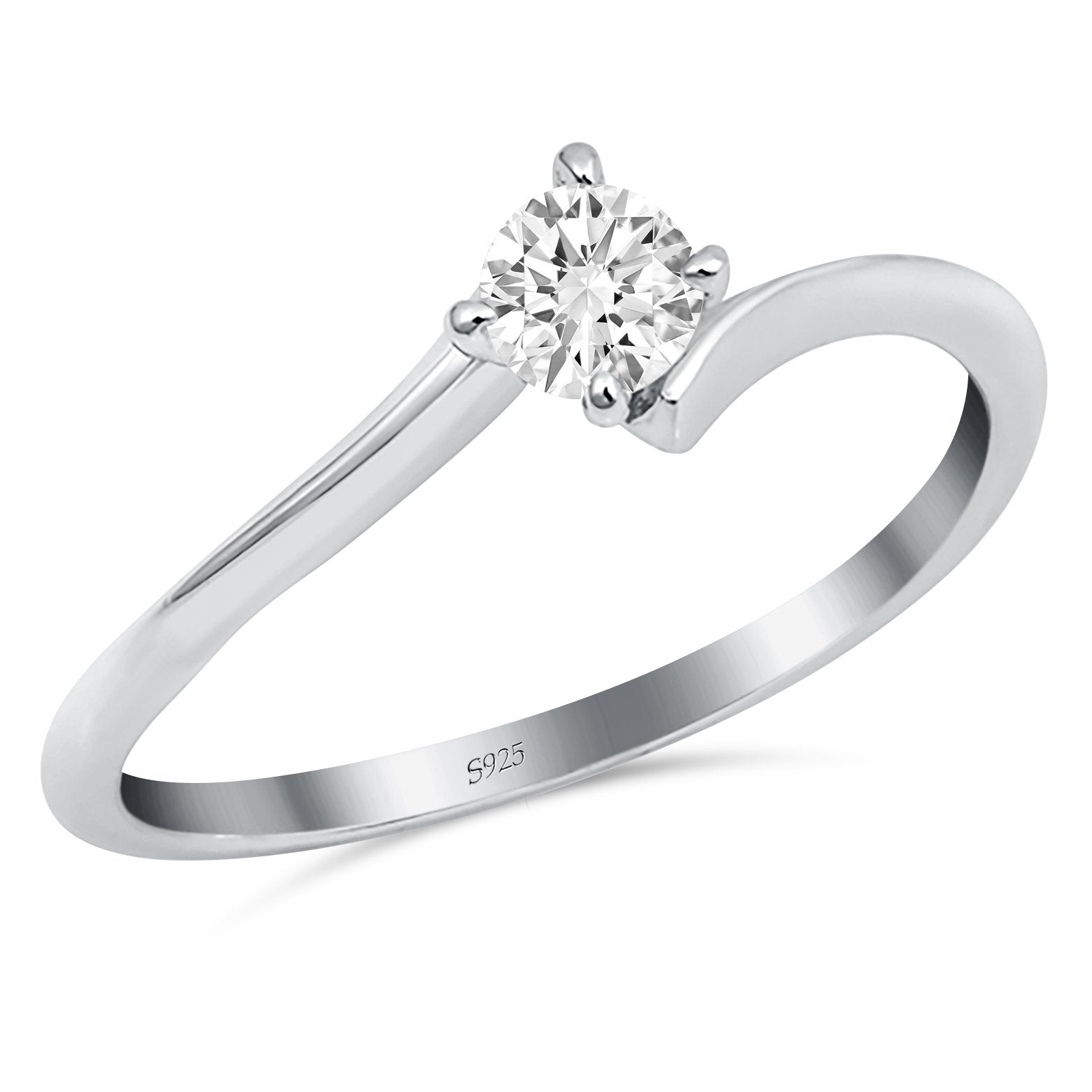 Bypass Solitaire Wedding Ring Round Simulated Cubic Zirconia 925 Sterling Silver