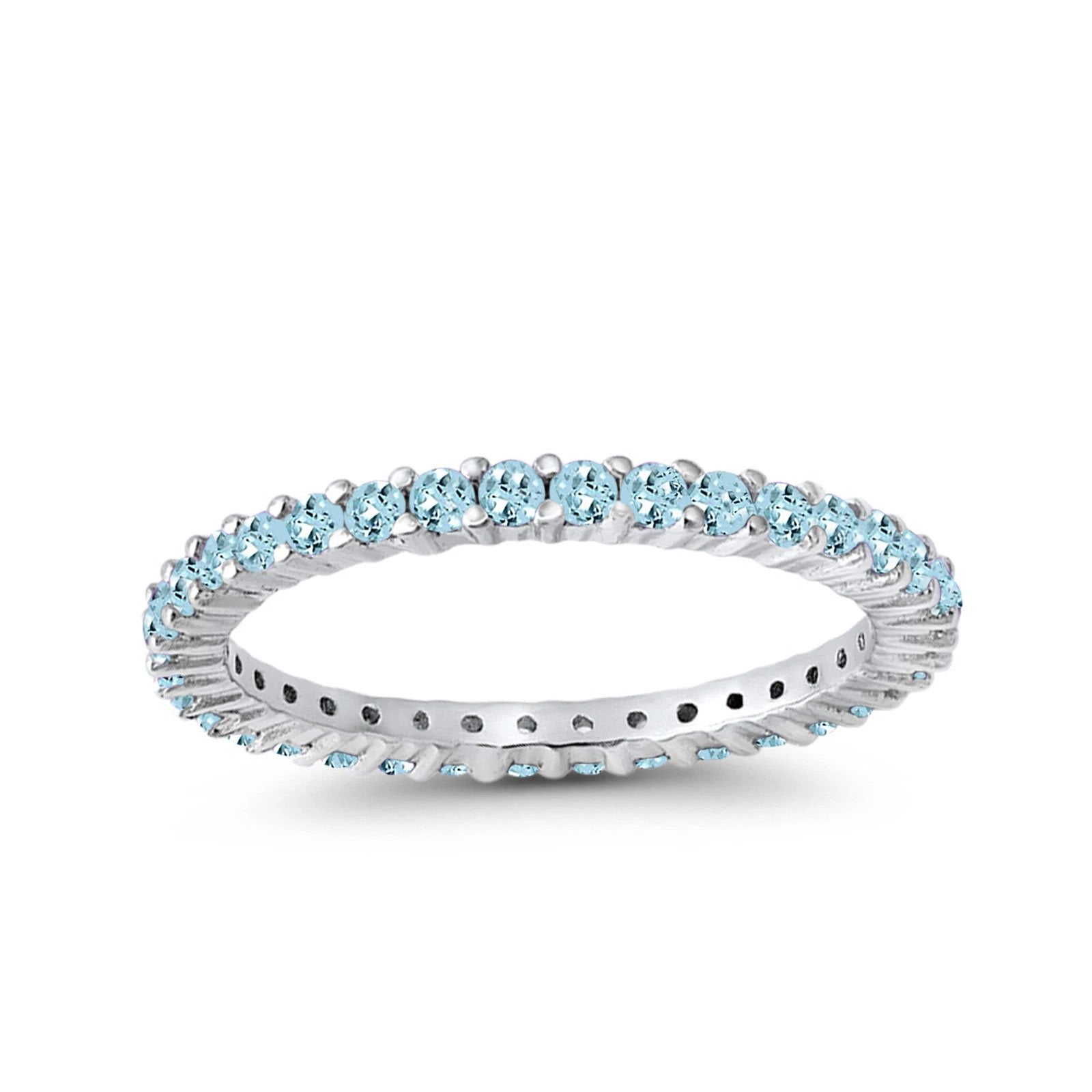 Full Eternity Wedding Band Round Simulated Aquamarine CZ Ring 925 Sterling Silver