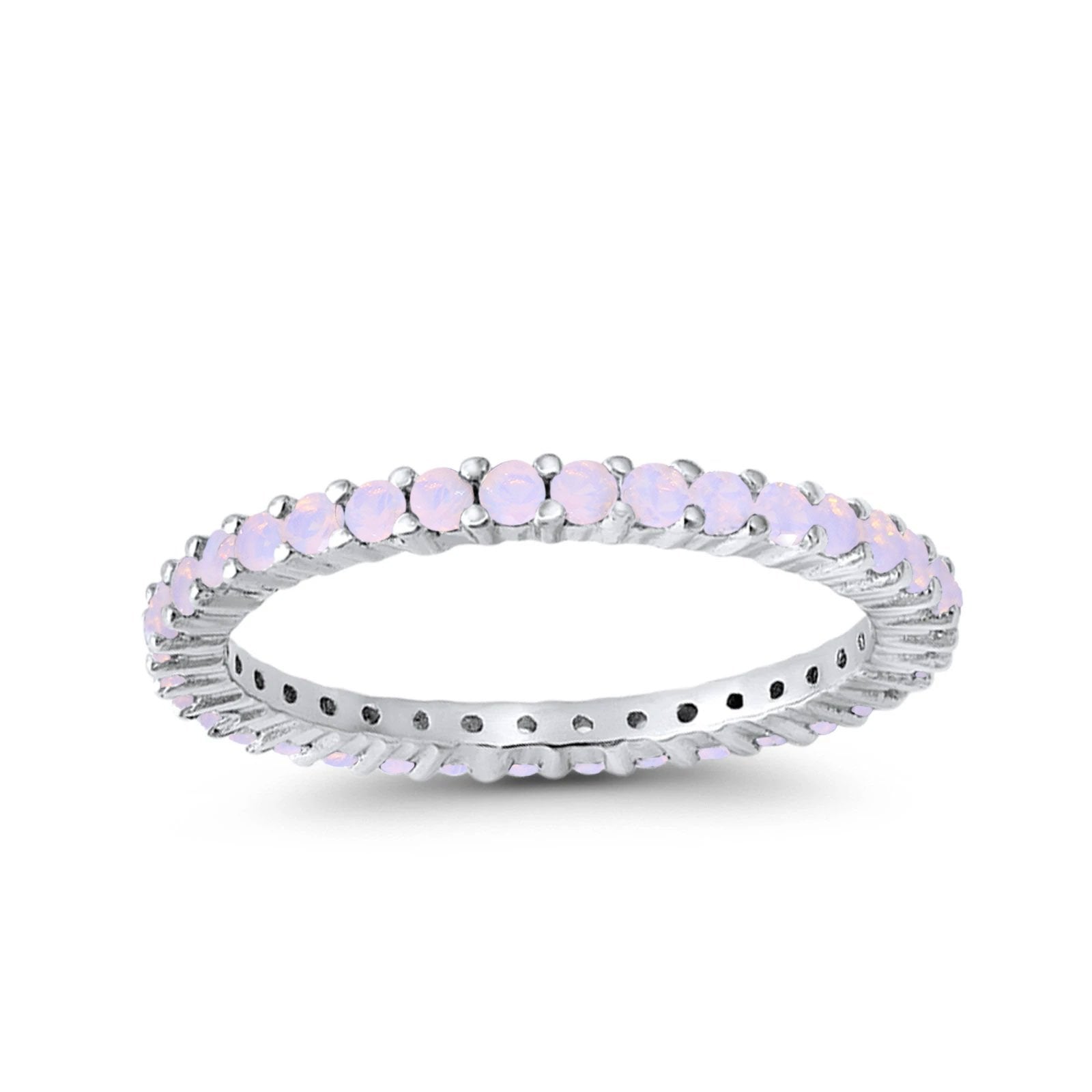Full Eternity Wedding Round Lab Created White Pinkish Opal Ring 925 Sterling Silver