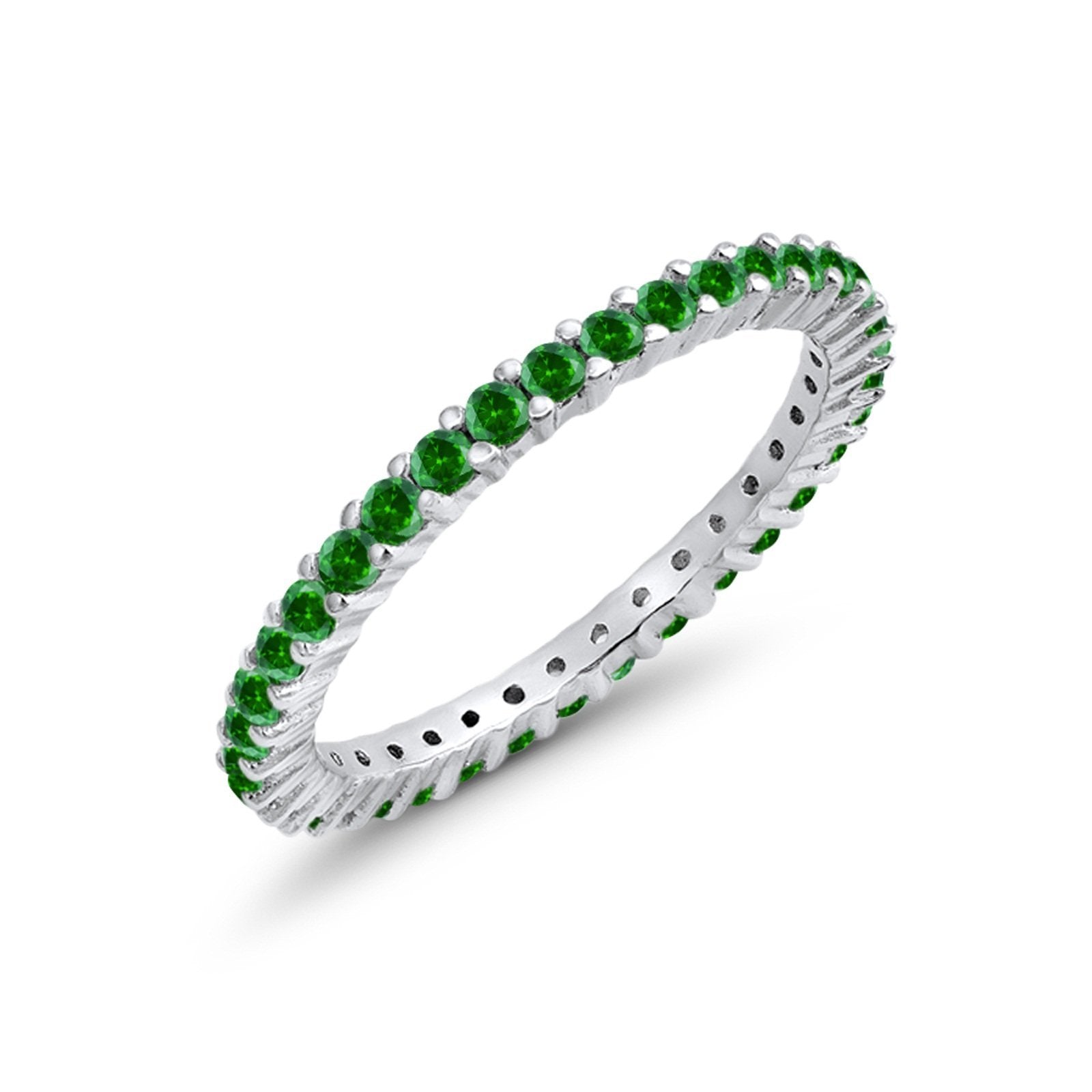 Full Eternity Wedding Band Round Simulated Green Emerald CZ Ring 925 Sterling Silver