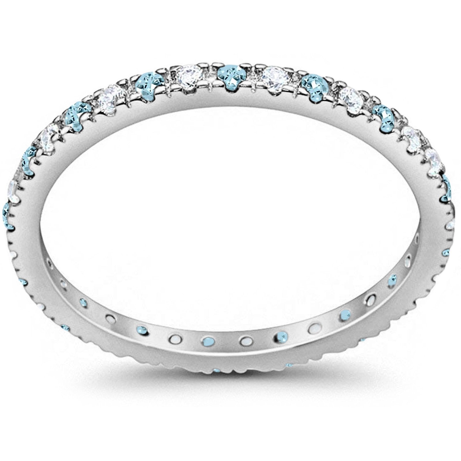 Full Eternity Wedding Design Ring Round Simulated Aquamarine CZ 925 Sterling Silver