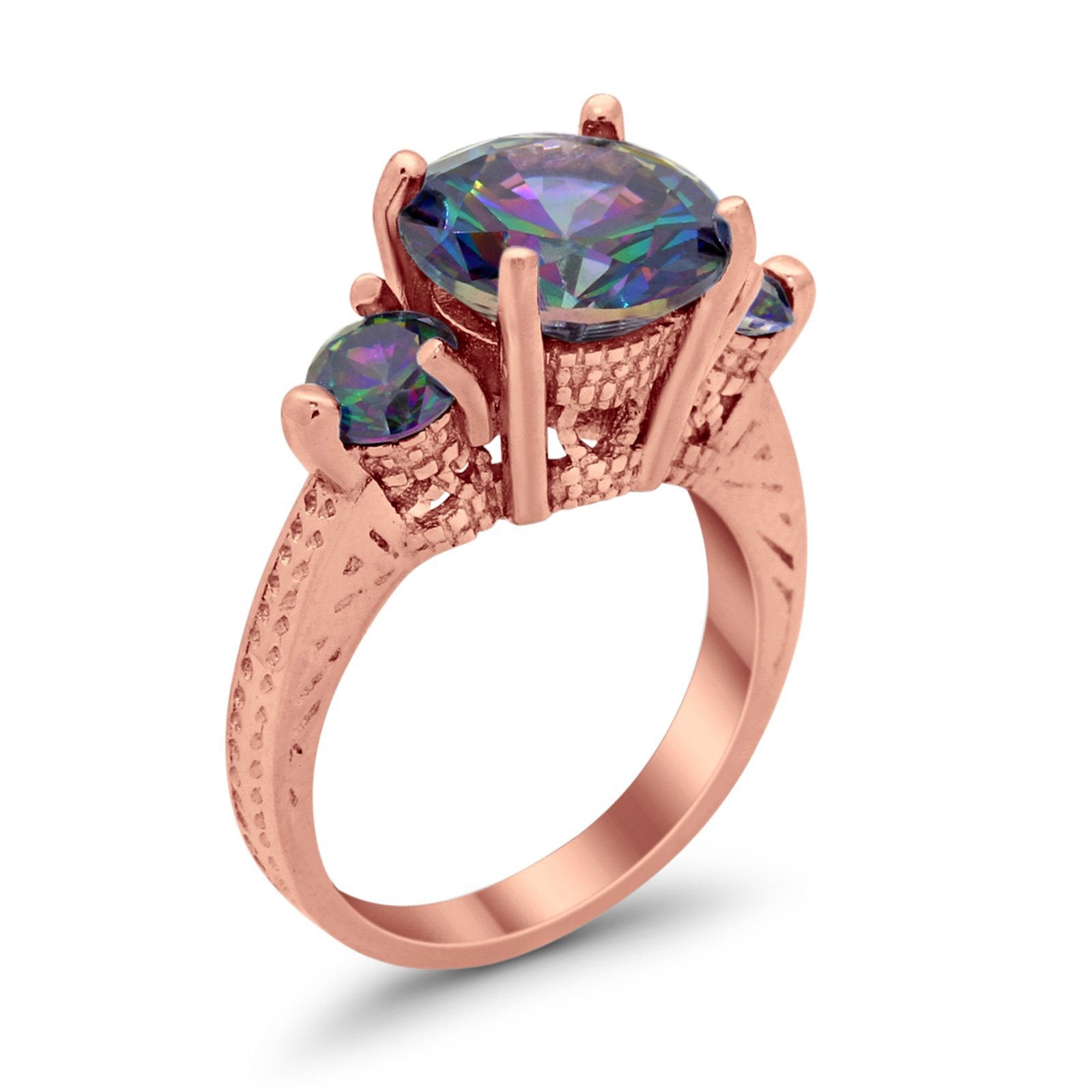 Three Stone Ring Round Rose Tone, Simulated Rainbow CZ & Rainbow 925 Sterling Silver