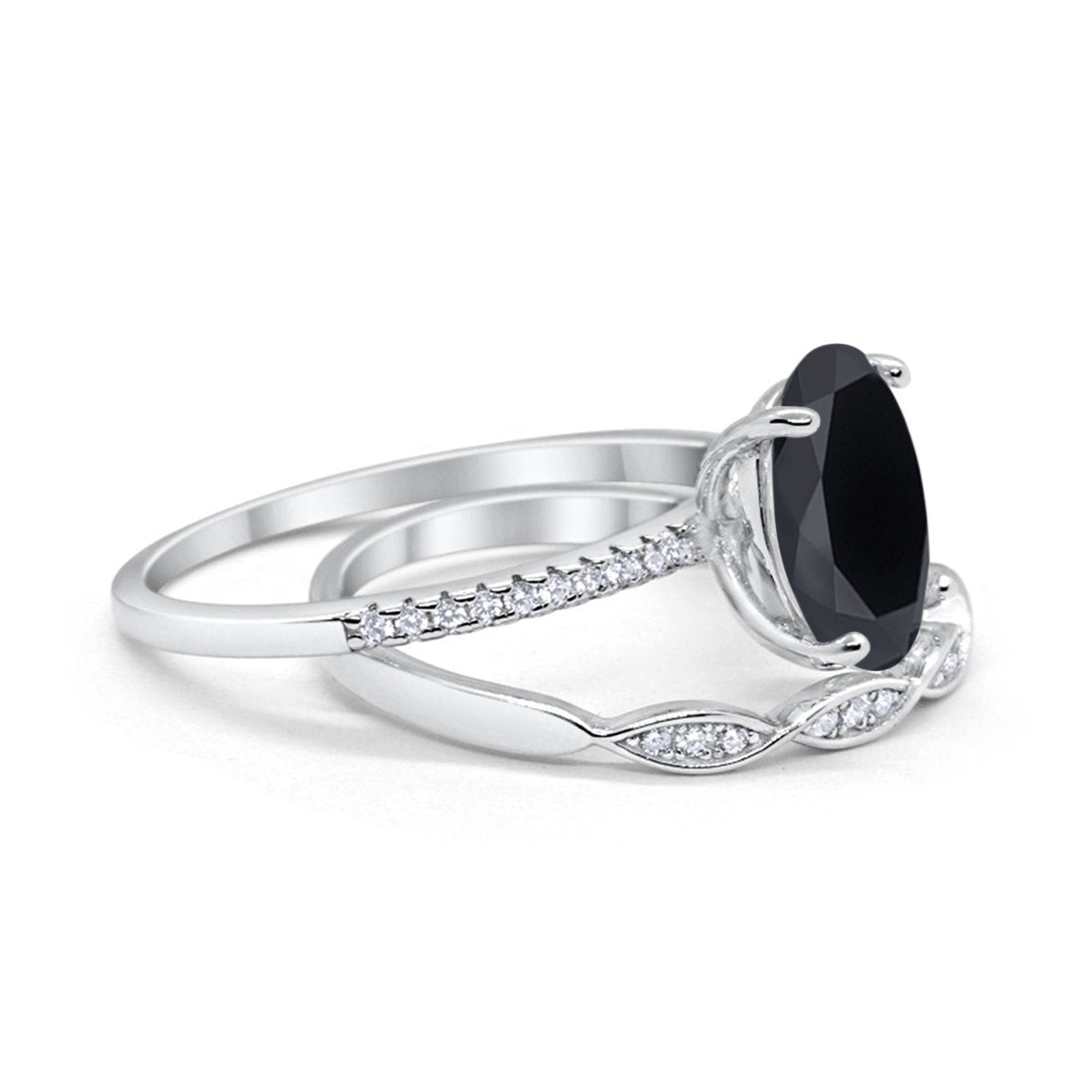 Two Piece Oval Bridal Wedding Ring Simulated Black CZ 925 Sterling Silver