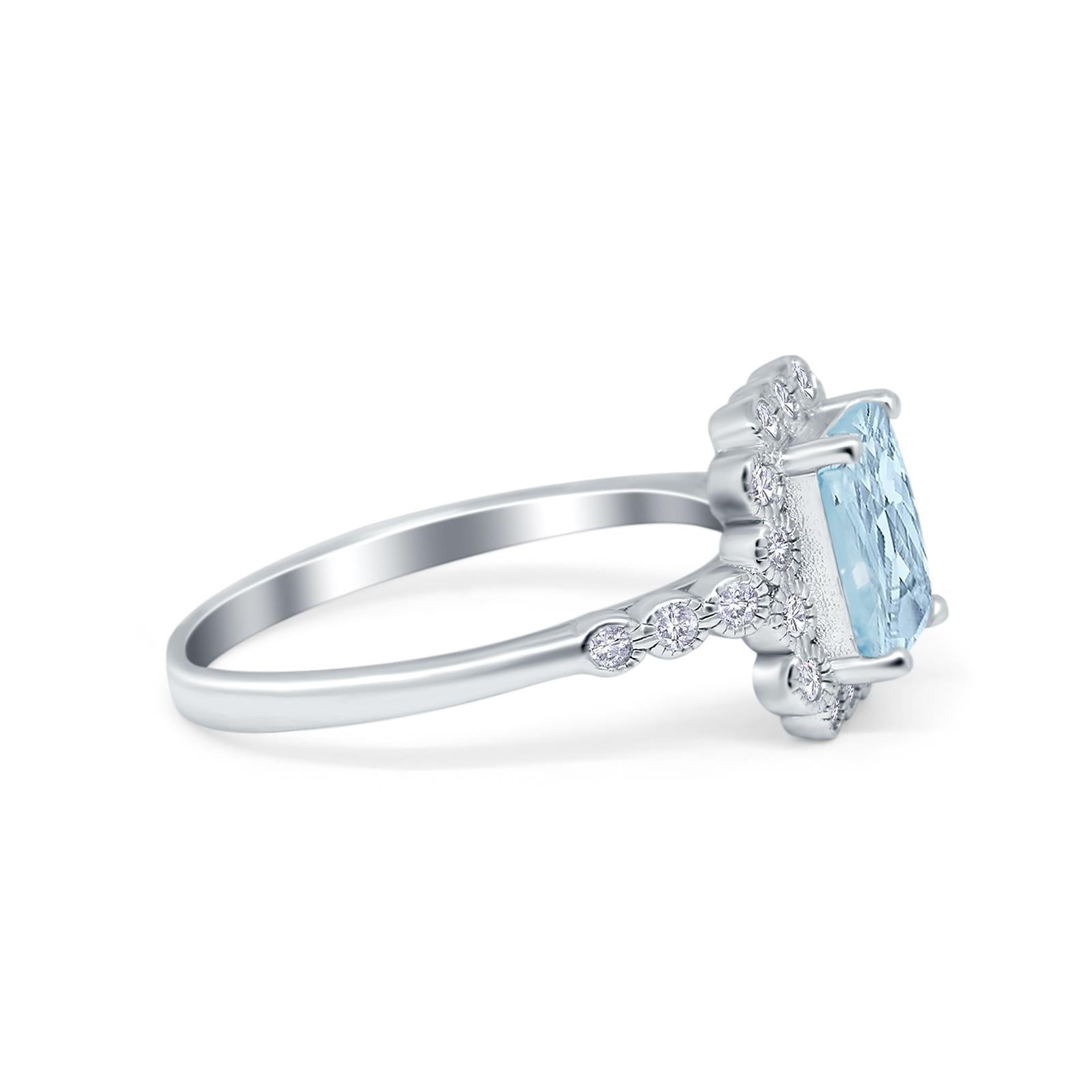 Halo Radiant Cut Wedding Ring Simulated Aquamarine CZ 925 Sterling Silver