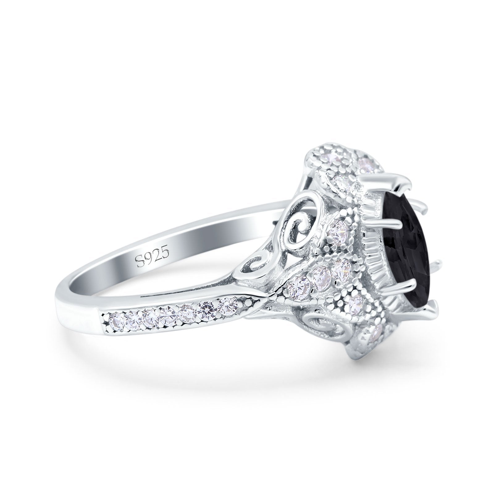Marquise Art Deco Engagement Ring Accent Simulated Black CZ 925 Sterling Silver