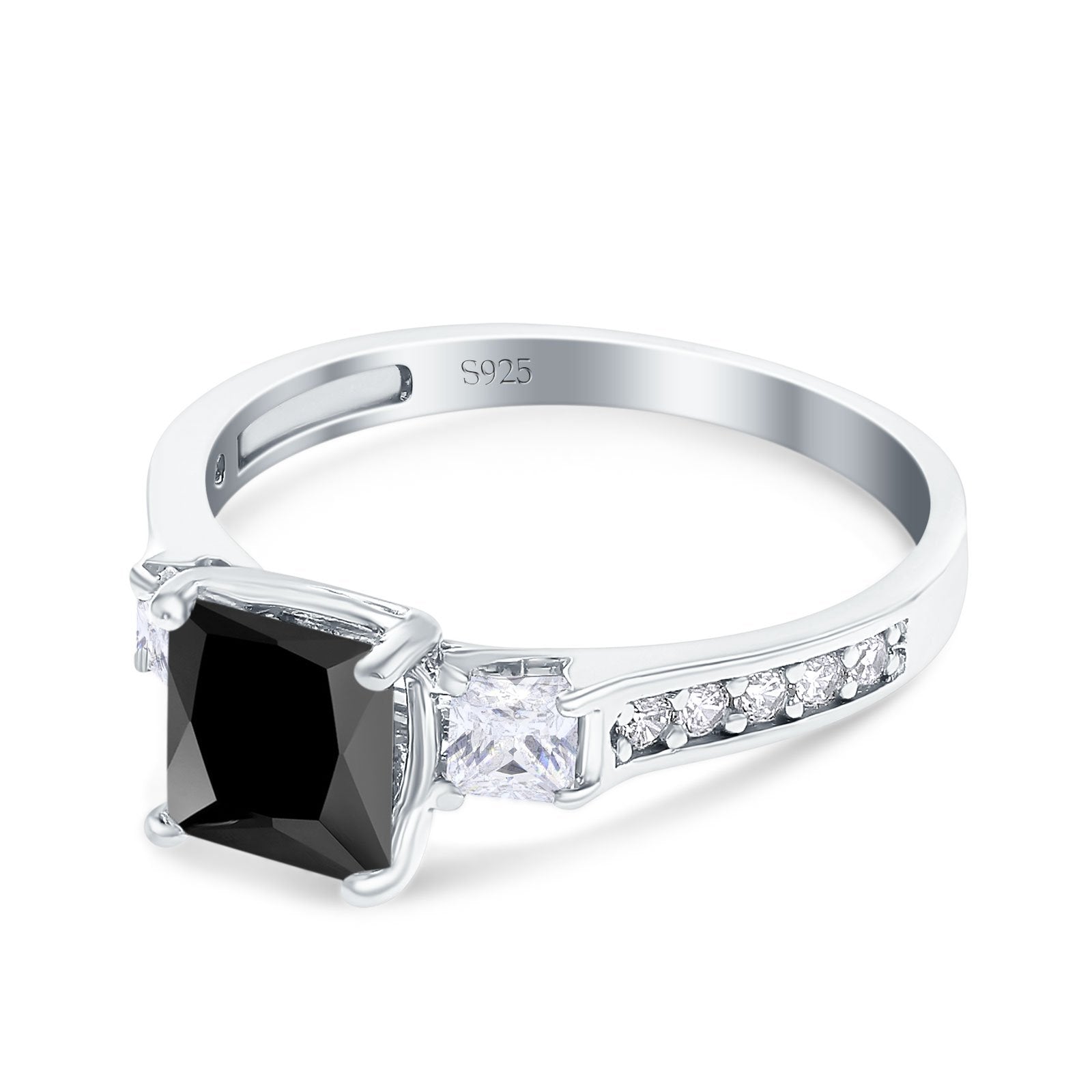 Princess Cut Art Deco Wedding Ring Simulated Black CZ 925 Sterling Silver