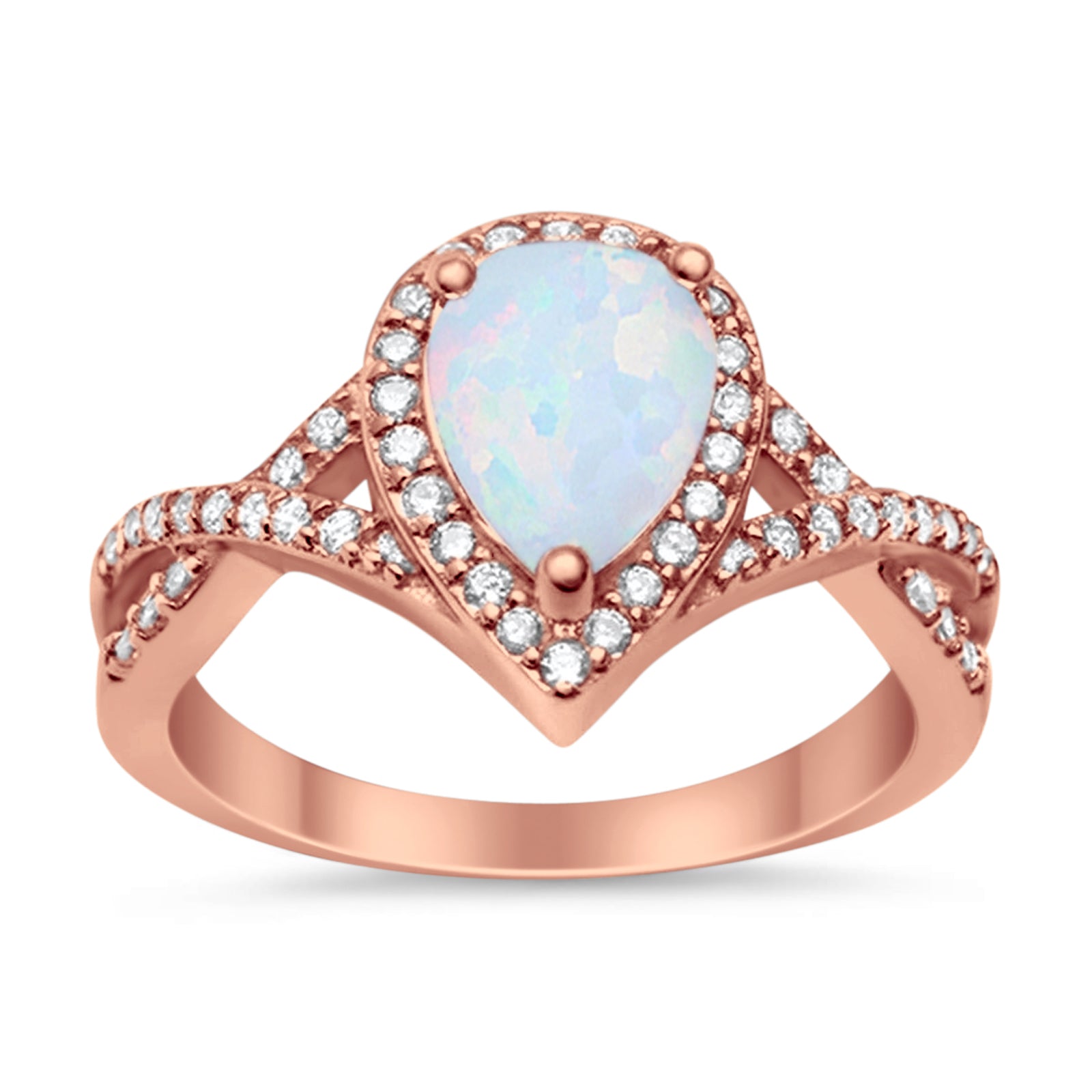 Teardrop Wedding Promise Ring Infinity Round Rose Tone, Lab White Opal 925 Sterling Silver