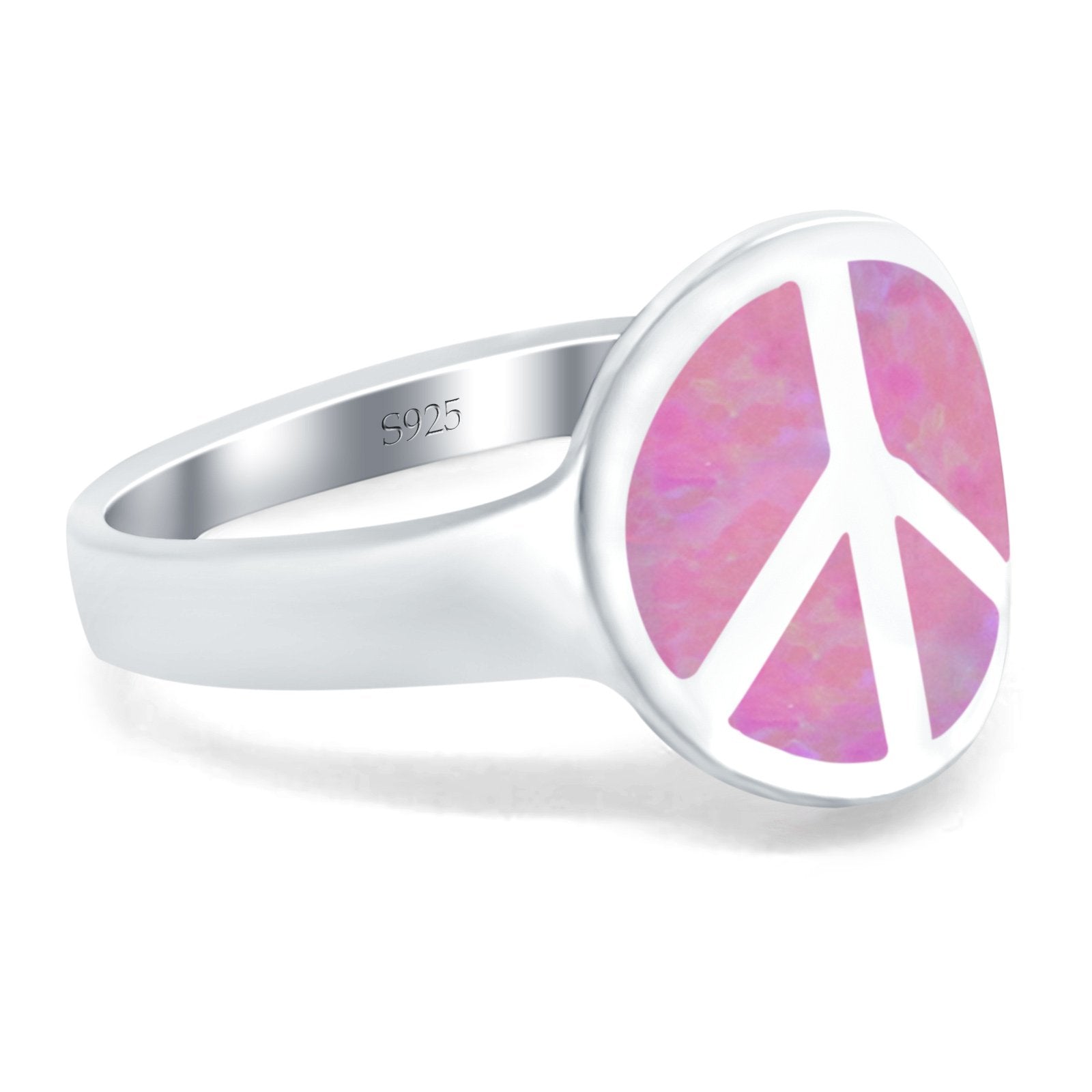 Peace Sign Ring Inlay Round Lab Created Pink Opal 925 Sterling Silver