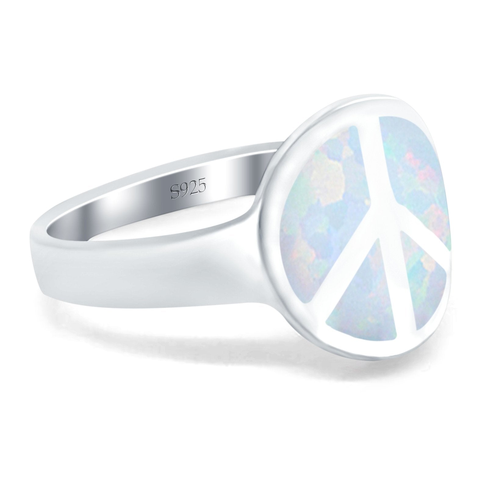 Peace Sign Ring Inlay Round Lab Created White Opal 925 Sterling Silver
