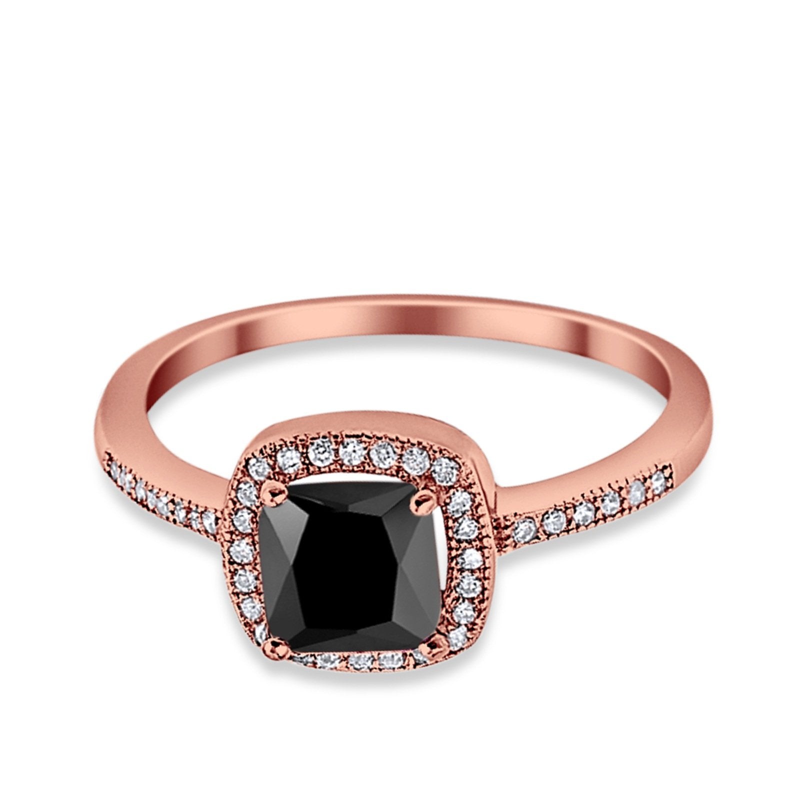 Halo Accent Engagement Ring Rose Tone, Simulated Black CZ 925 Sterling Silver
