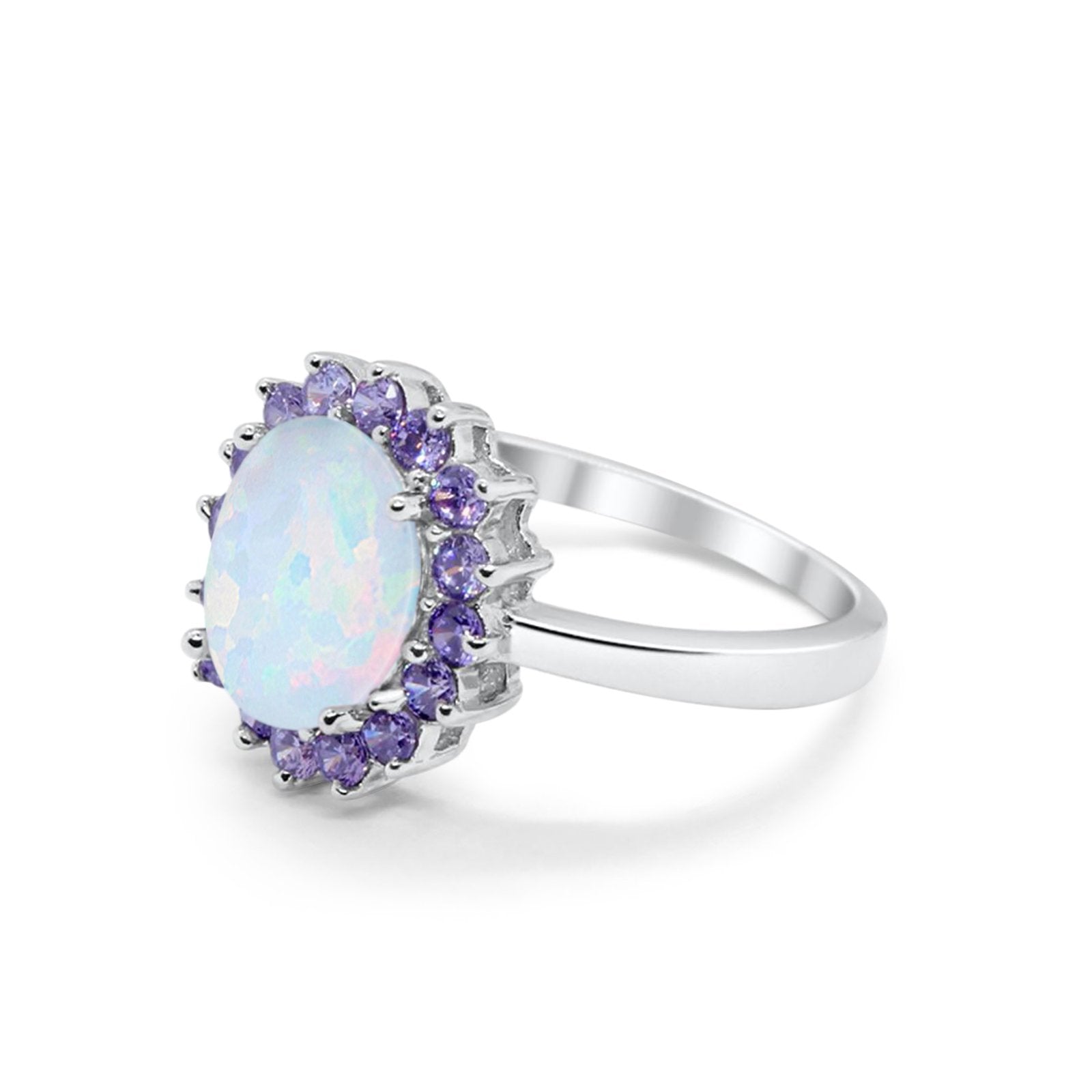 Halo Ring Simulated Amethyst Oval Lab Created White Opal 925 Sterling Silver