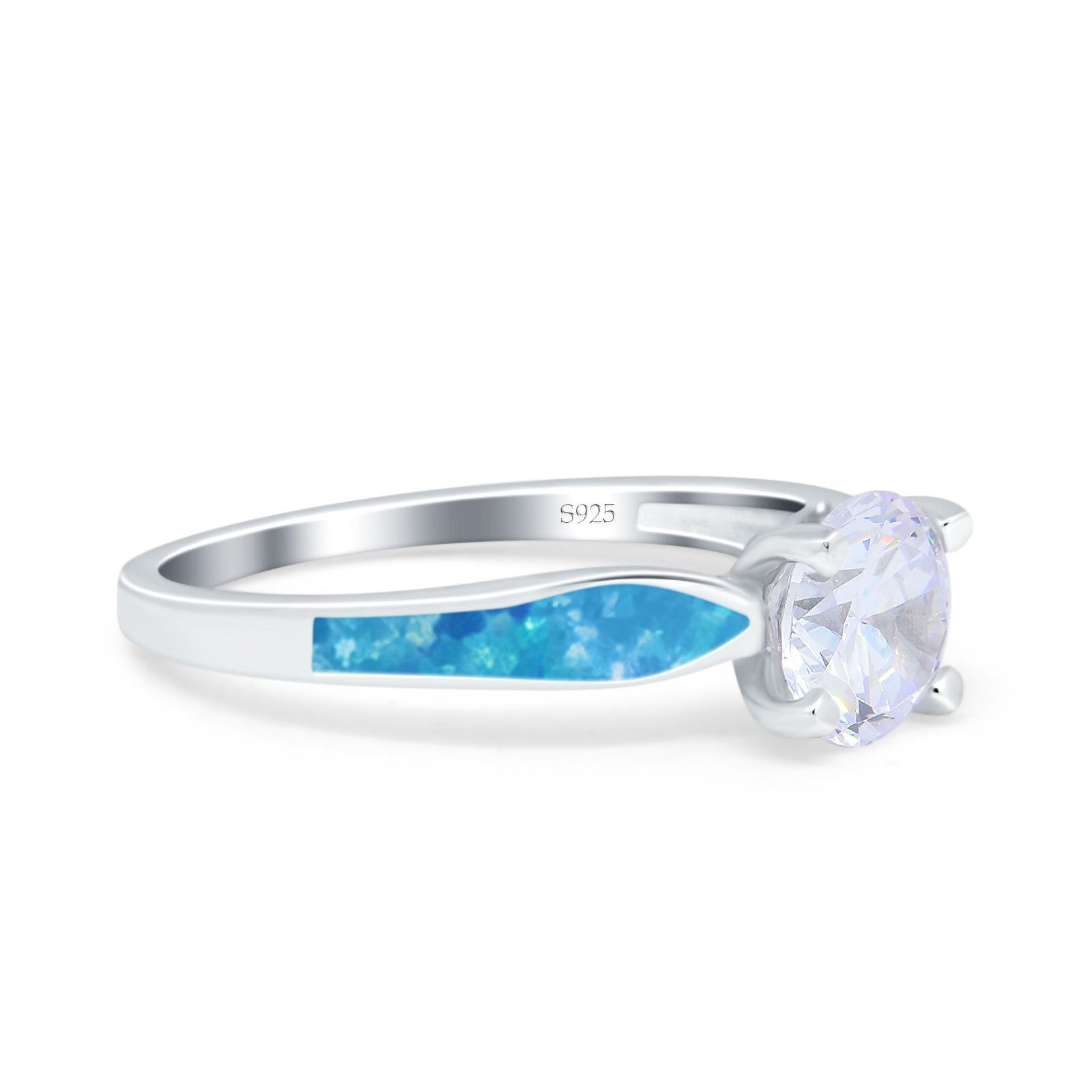 Solitaire Accent Engagement Ring Created Blue Opal Round Simulated Cubic Zirconia 925 Sterling Silver