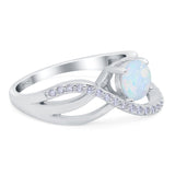 Art Deco Wedding Crisscross Ring Round Lab Created White Opal 925 Sterling Silver